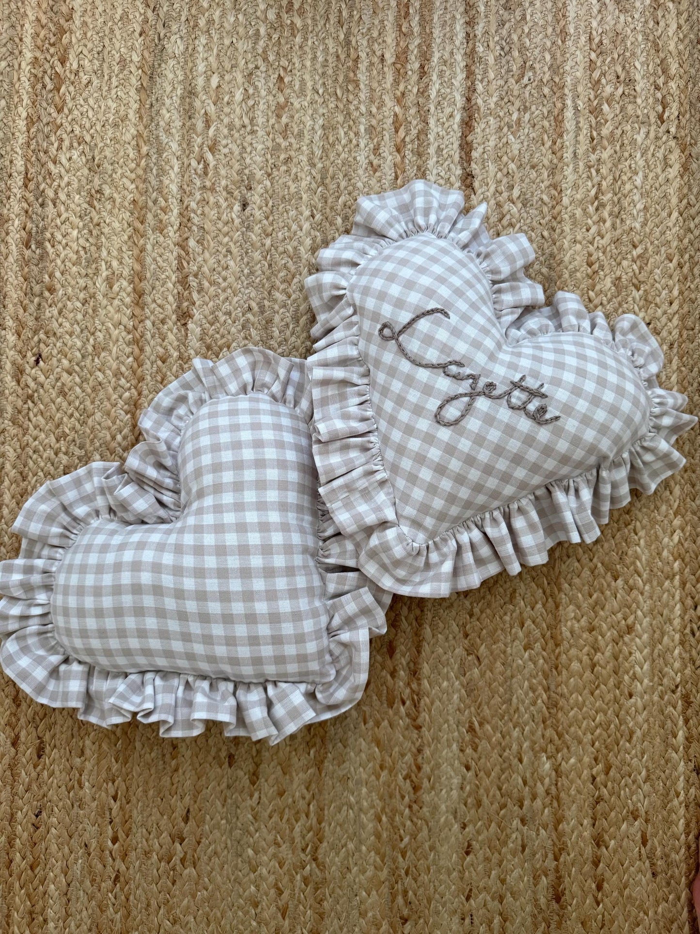 Ruffle Gingham Embroidered Throw Pillow | Personalized Heart Pillow | Throw Pillow | Baby Gift | Neutral Gingham Pillow | Baby Nursery Decor