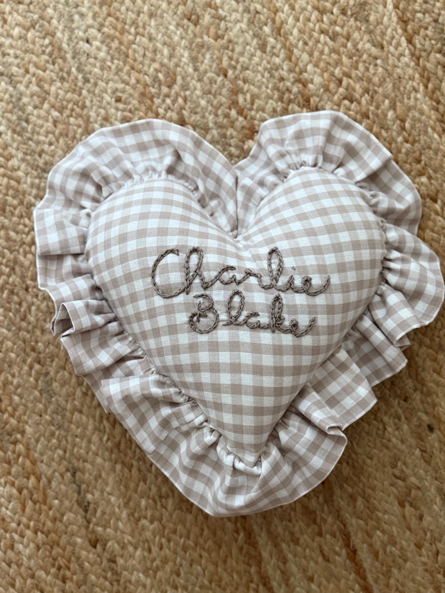 Ruffle Gingham Throw Pillow | Heart Pillow | Throw Pillow | Baby Gift | Neutral Gingham Pillow | Baby Nursery Decor