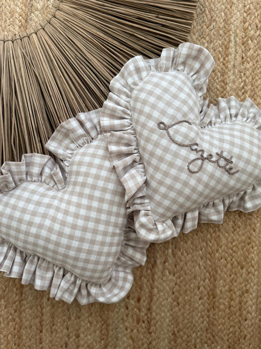 Handmade embroidered heart milestone pillow set in beige gingham with custom hand embroidery