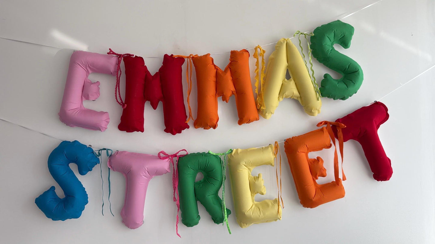 Fabric balloon letter banner with custom name for birthday and party decorations