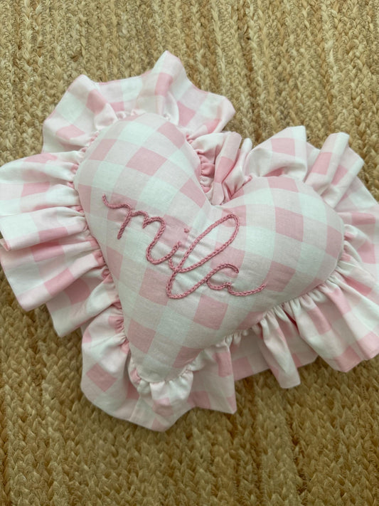 Pink Gingham Heart Pillow | Personalized Embroidered Throw Pillow | Heart Throw Pillow | Gingham Name Heart Pillow | Girl Throw Pillow