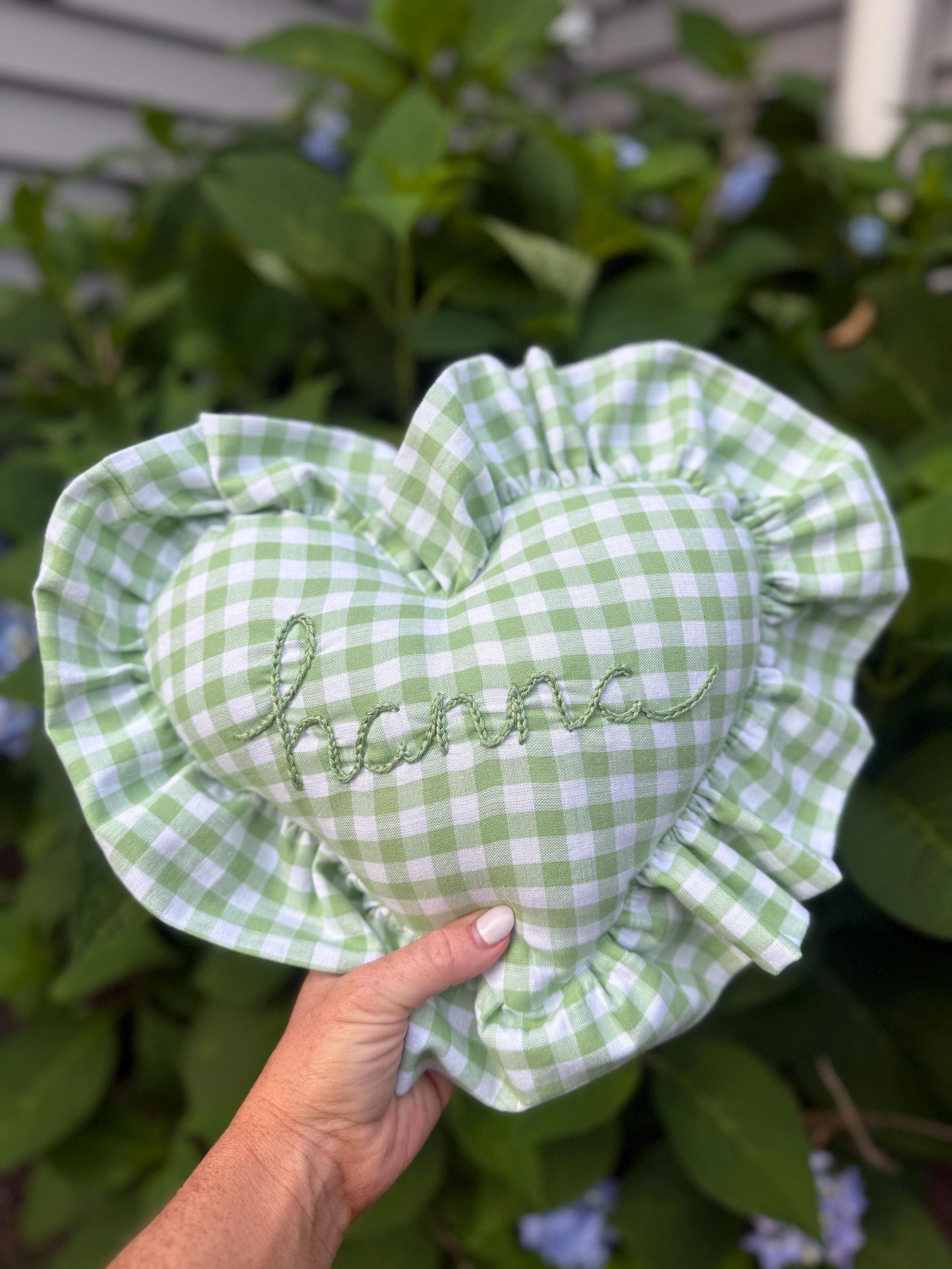Ruffle Gingham Embroidered Throw Pillow | Personalized Heart Pillow | Baby Gift | Green Gingham Pillow | Nursery Decor | Nursery Pillow
