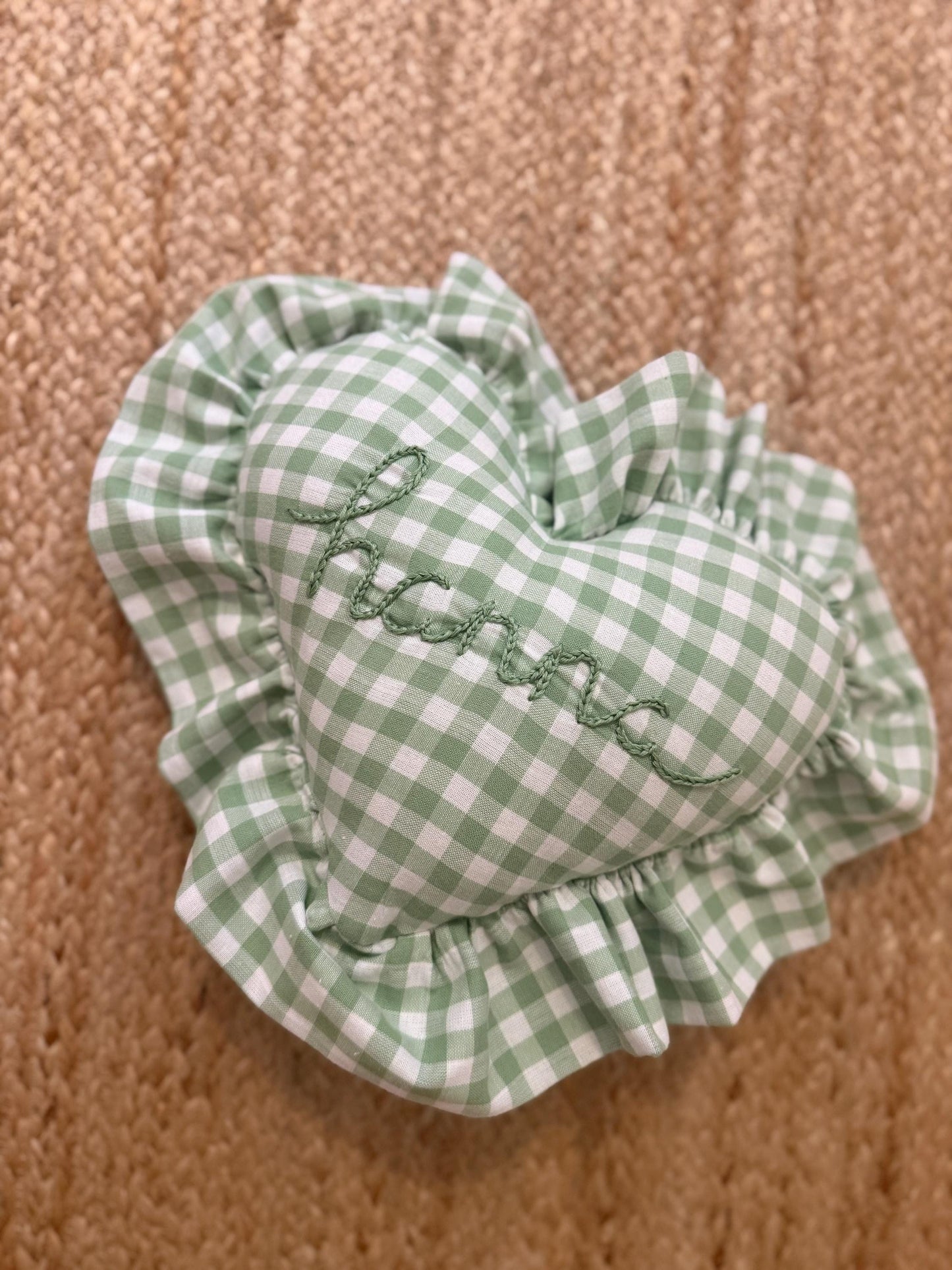 Ruffle Gingham Embroidered Throw Pillow | Personalized Heart Pillow | Baby Gift | Green Gingham Pillow | Nursery Decor | Nursery Pillow