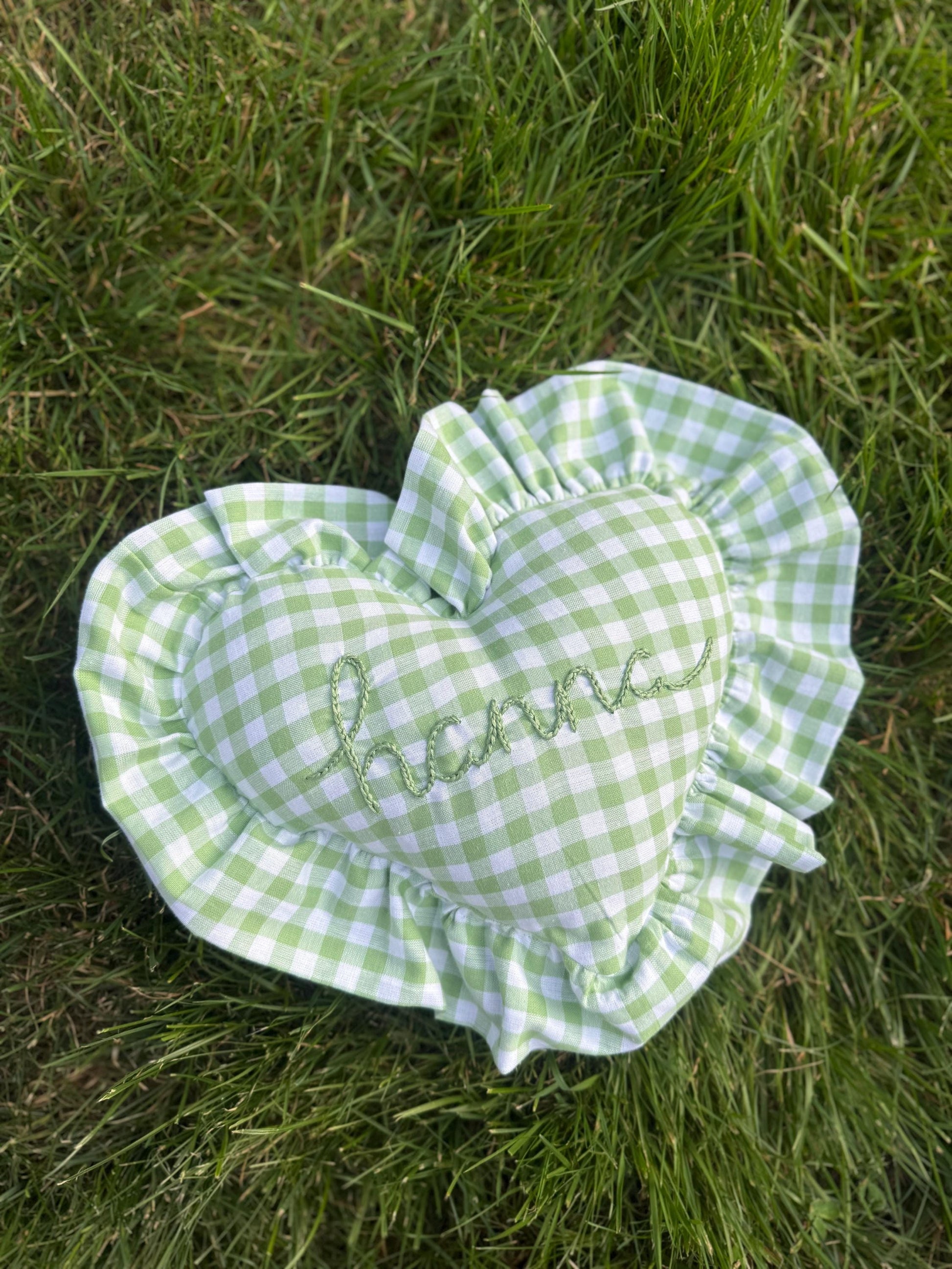 Ruffle Gingham Embroidered Throw Pillow | Personalized Heart Pillow | Baby Gift | Green Gingham Pillow | Nursery Decor | Nursery Pillow