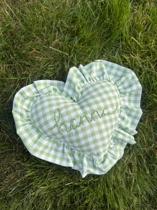Ruffle Gingham Embroidered Throw Pillow | Personalized Heart Pillow | Baby Gift | Green Gingham Pillow | Nursery Decor | Nursery Pillow