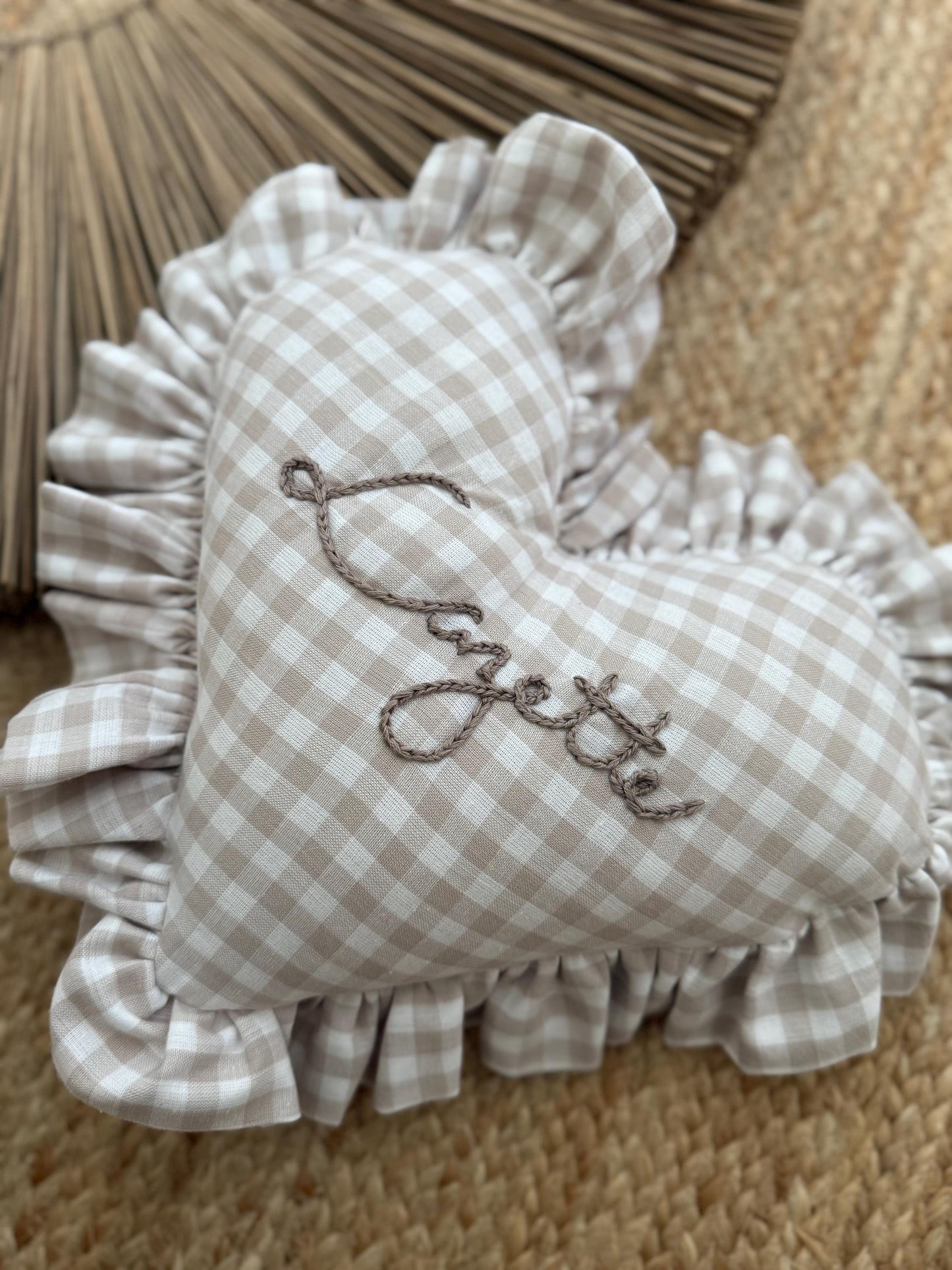 Ruffle Gingham Embroidered Throw Pillow | Personalized Heart Pillow | Throw Pillow | Baby Gift | Neutral Gingham Pillow | Baby Nursery Decor