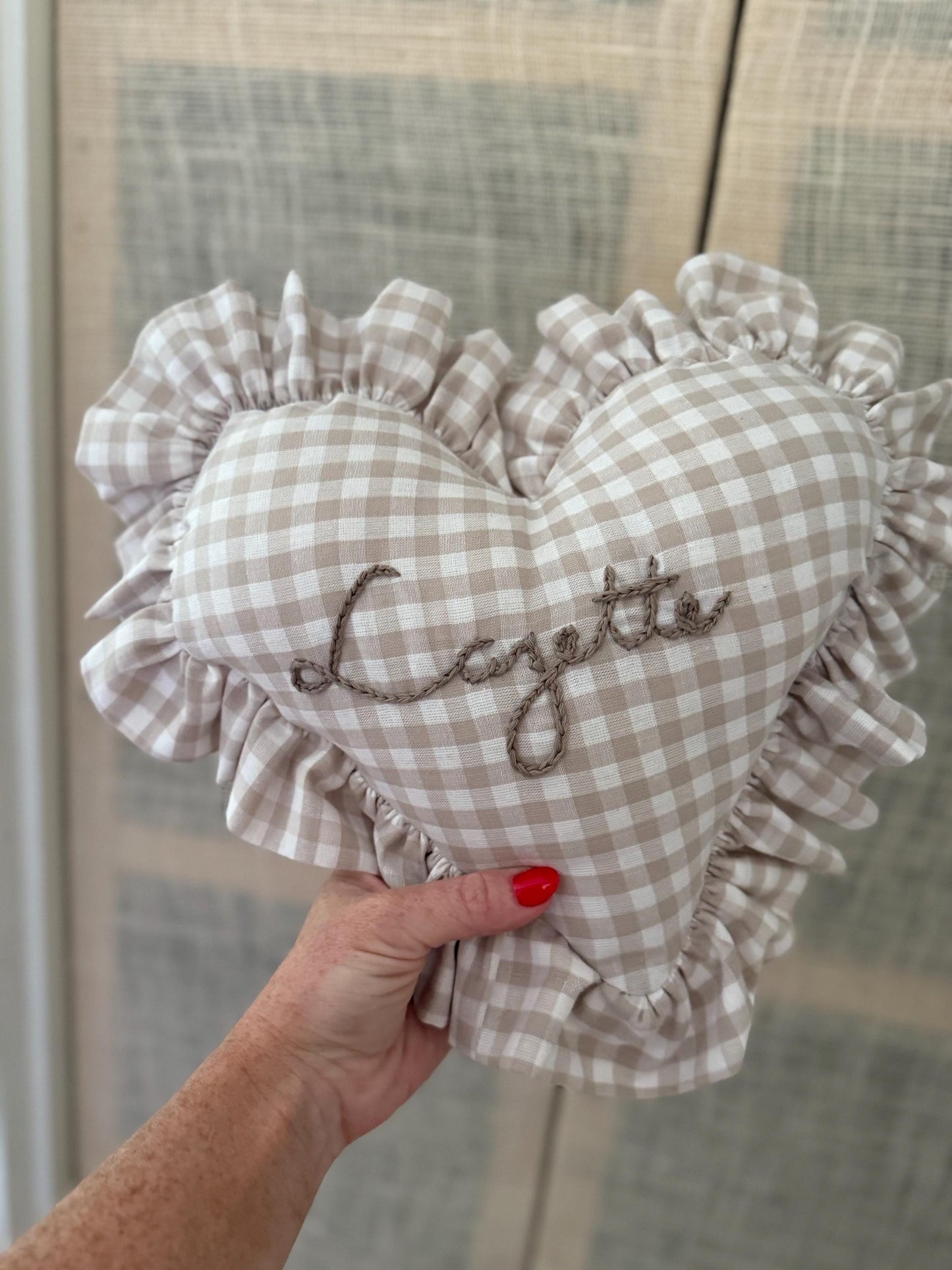Ruffle Gingham Embroidered Throw Pillow | Personalized Heart Pillow | Throw Pillow | Baby Gift | Neutral Gingham Pillow | Baby Nursery Decor