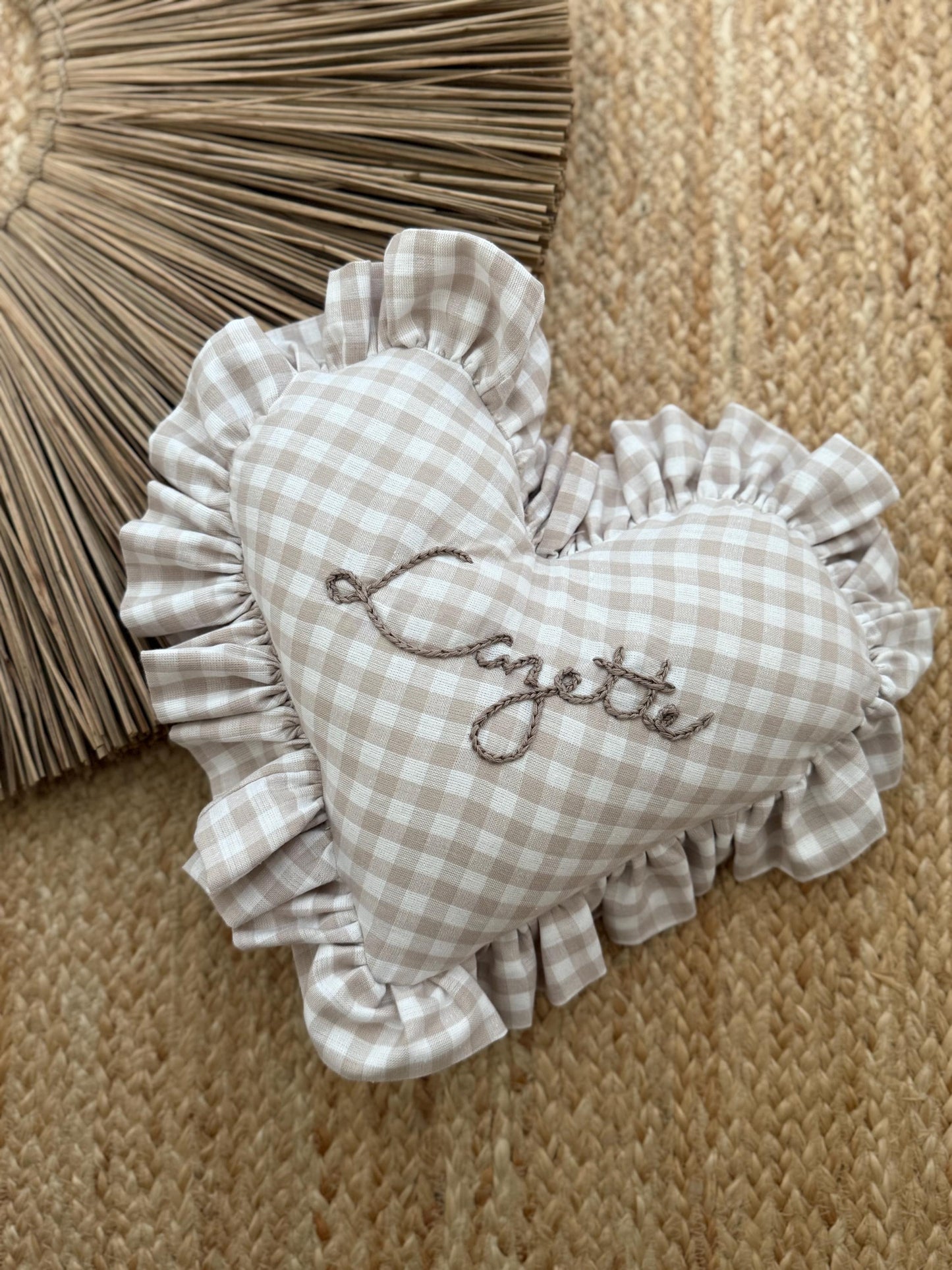 Ruffle Gingham Embroidered Throw Pillow | Personalized Heart Pillow | Throw Pillow | Baby Gift | Neutral Gingham Pillow | Baby Nursery Decor