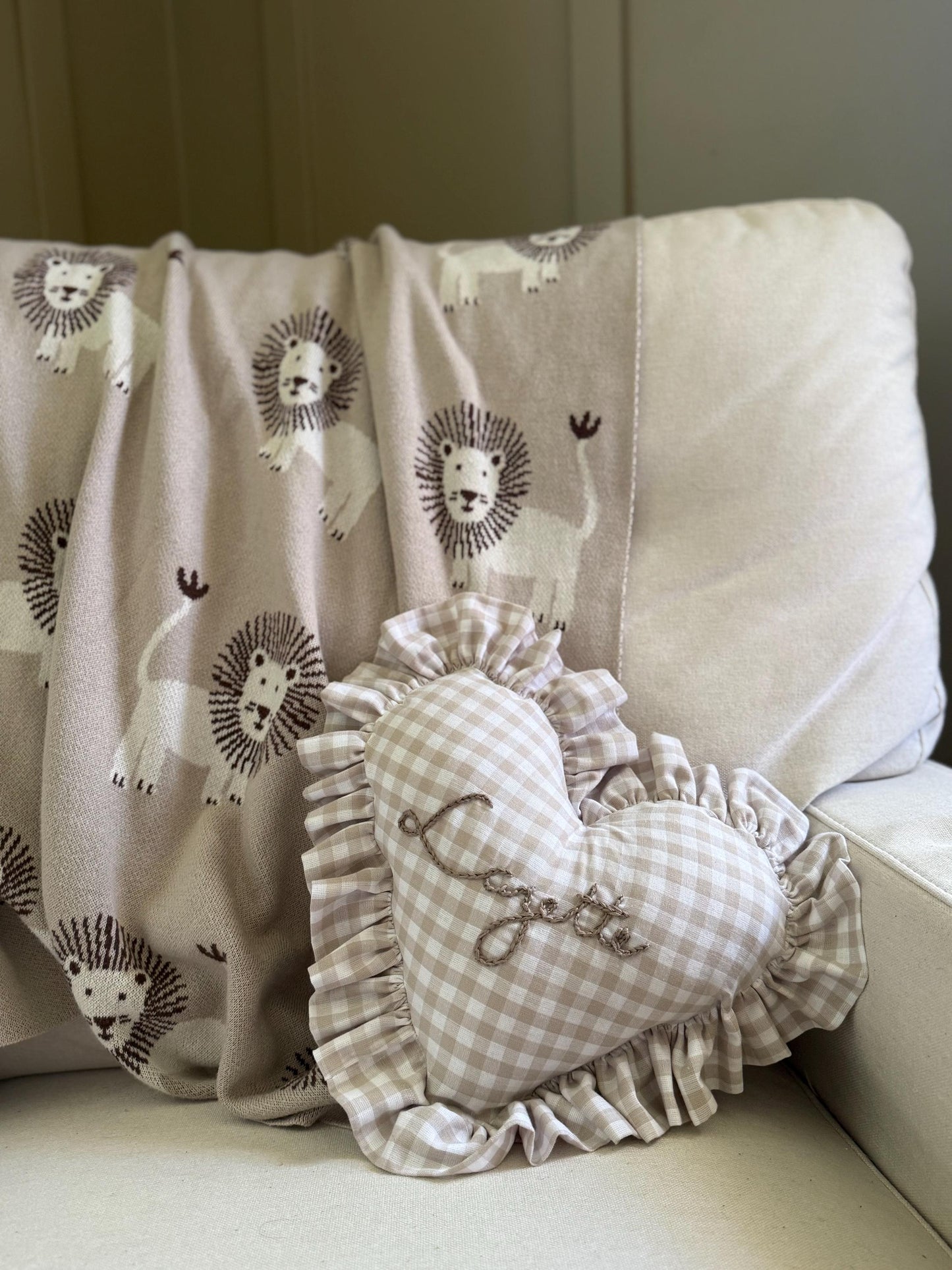 Ruffle Gingham Embroidered Throw Pillow | Personalized Heart Pillow | Throw Pillow | Baby Gift | Neutral Gingham Pillow | Baby Nursery Decor
