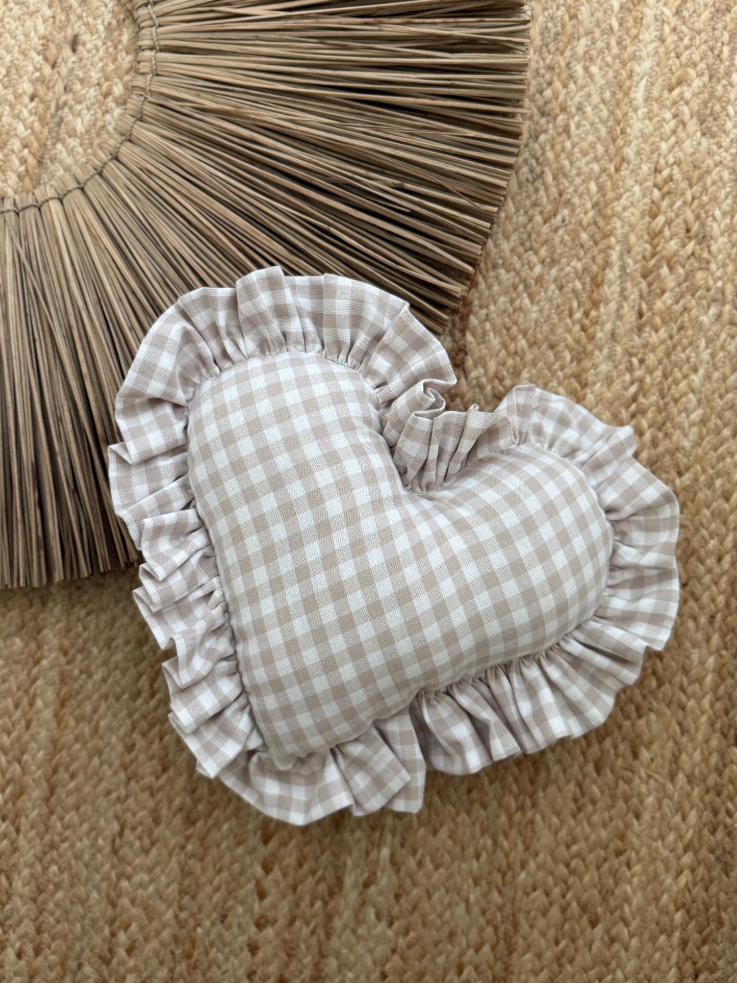 Ruffle Gingham Throw Pillow | Heart Pillow | Throw Pillow | Baby Gift | Neutral Gingham Pillow | Baby Nursery Decor