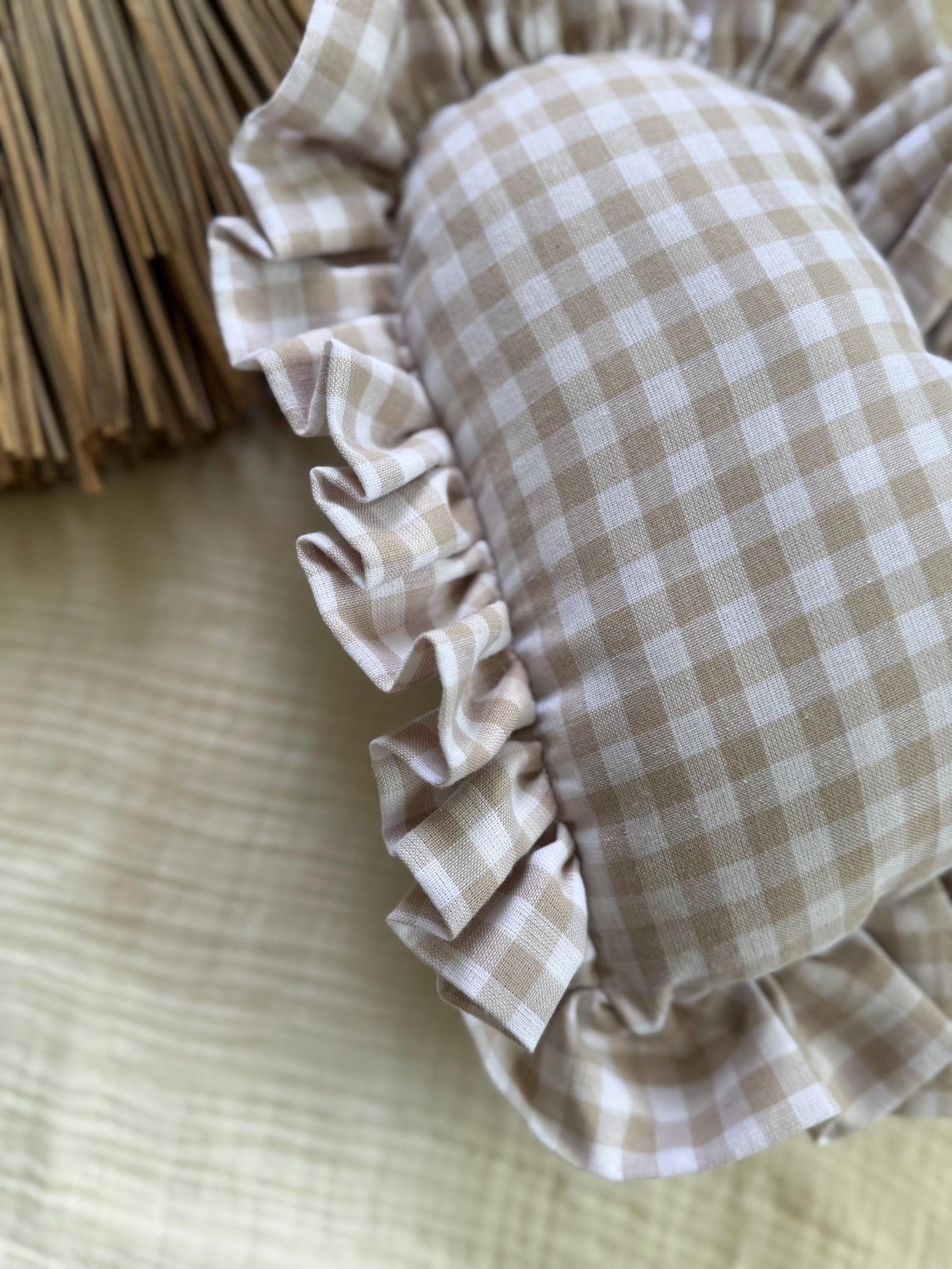 Ruffle Gingham Throw Pillow | Heart Pillow | Throw Pillow | Baby Gift | Neutral Gingham Pillow | Baby Nursery Decor