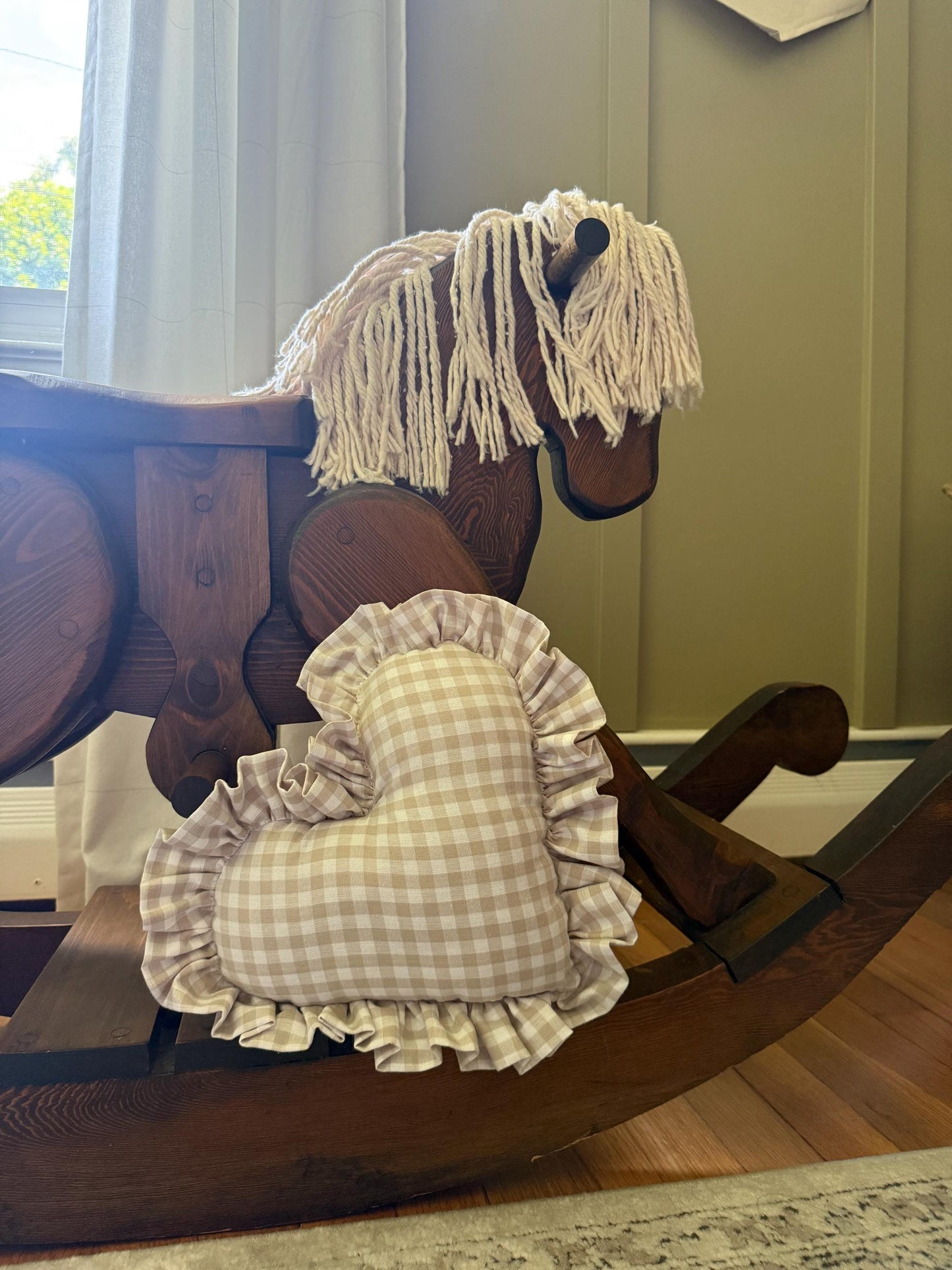 Ruffle Gingham Throw Pillow | Heart Pillow | Throw Pillow | Baby Gift | Neutral Gingham Pillow | Baby Nursery Decor