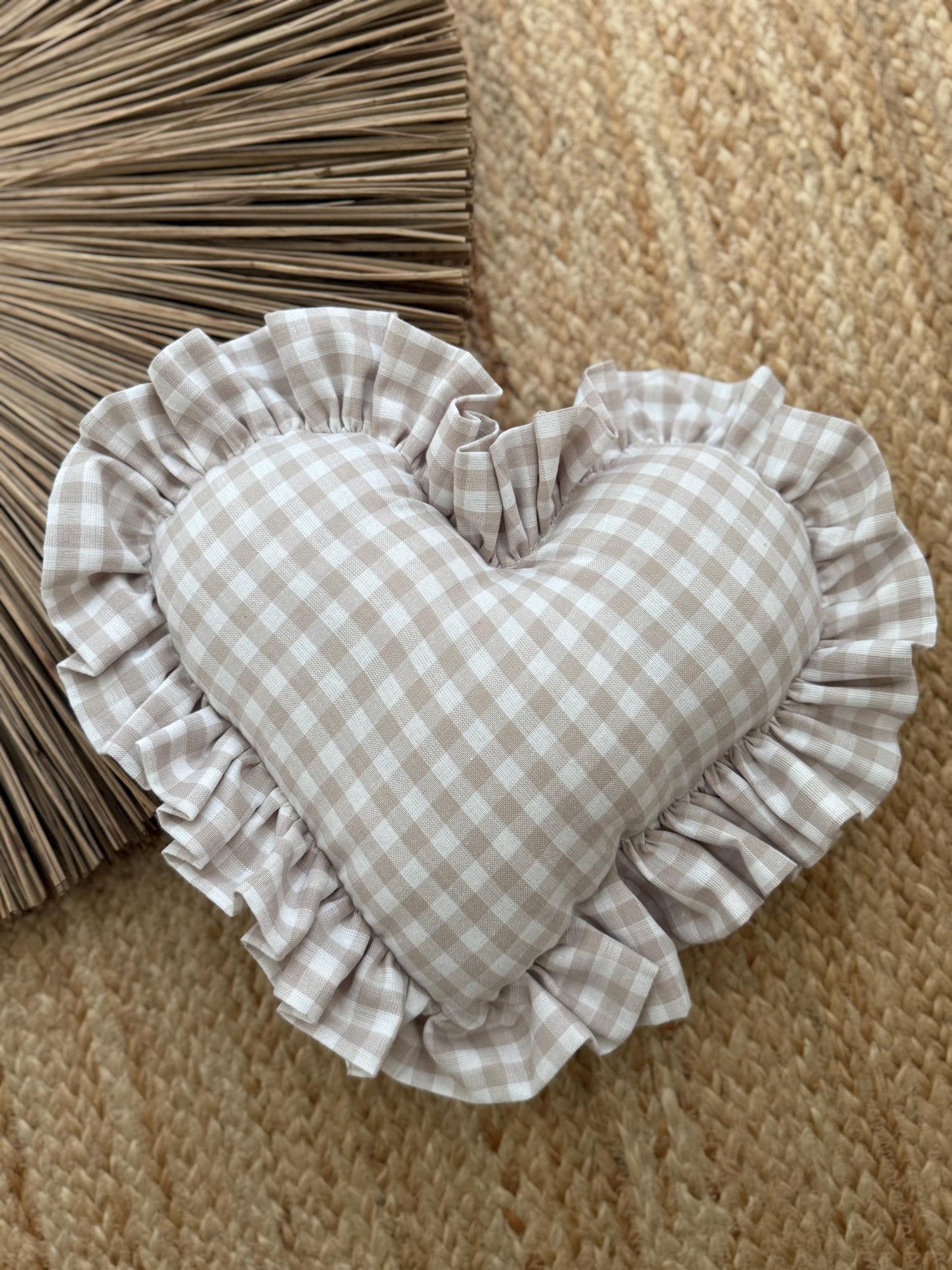 Ruffle Gingham Throw Pillow | Heart Pillow | Throw Pillow | Baby Gift | Neutral Gingham Pillow | Baby Nursery Decor