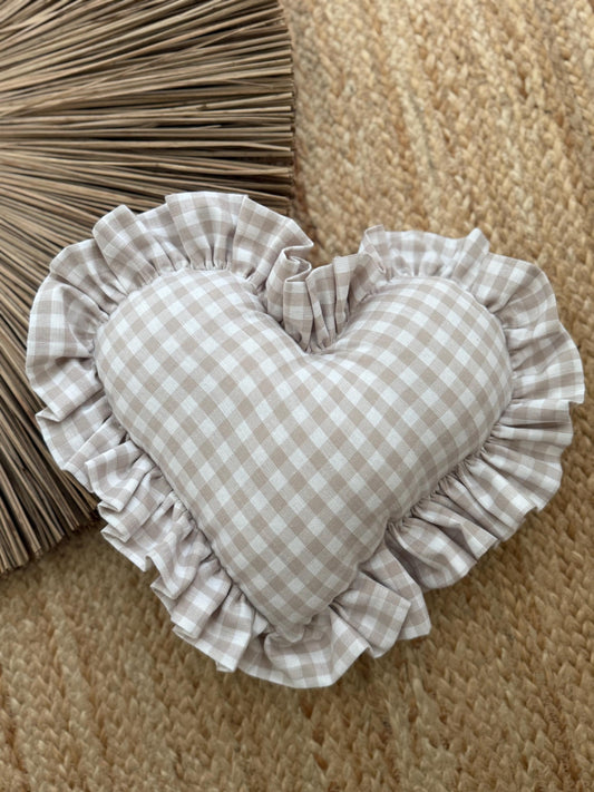 Ruffle Gingham Throw Pillow | Heart Pillow | Throw Pillow | Baby Gift | Neutral Gingham Pillow | Baby Nursery Decor
