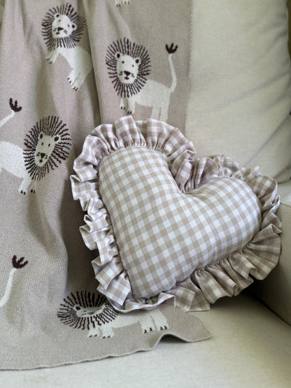 Gingham heart throw pillow with ruffled edges, light gray and white, front view