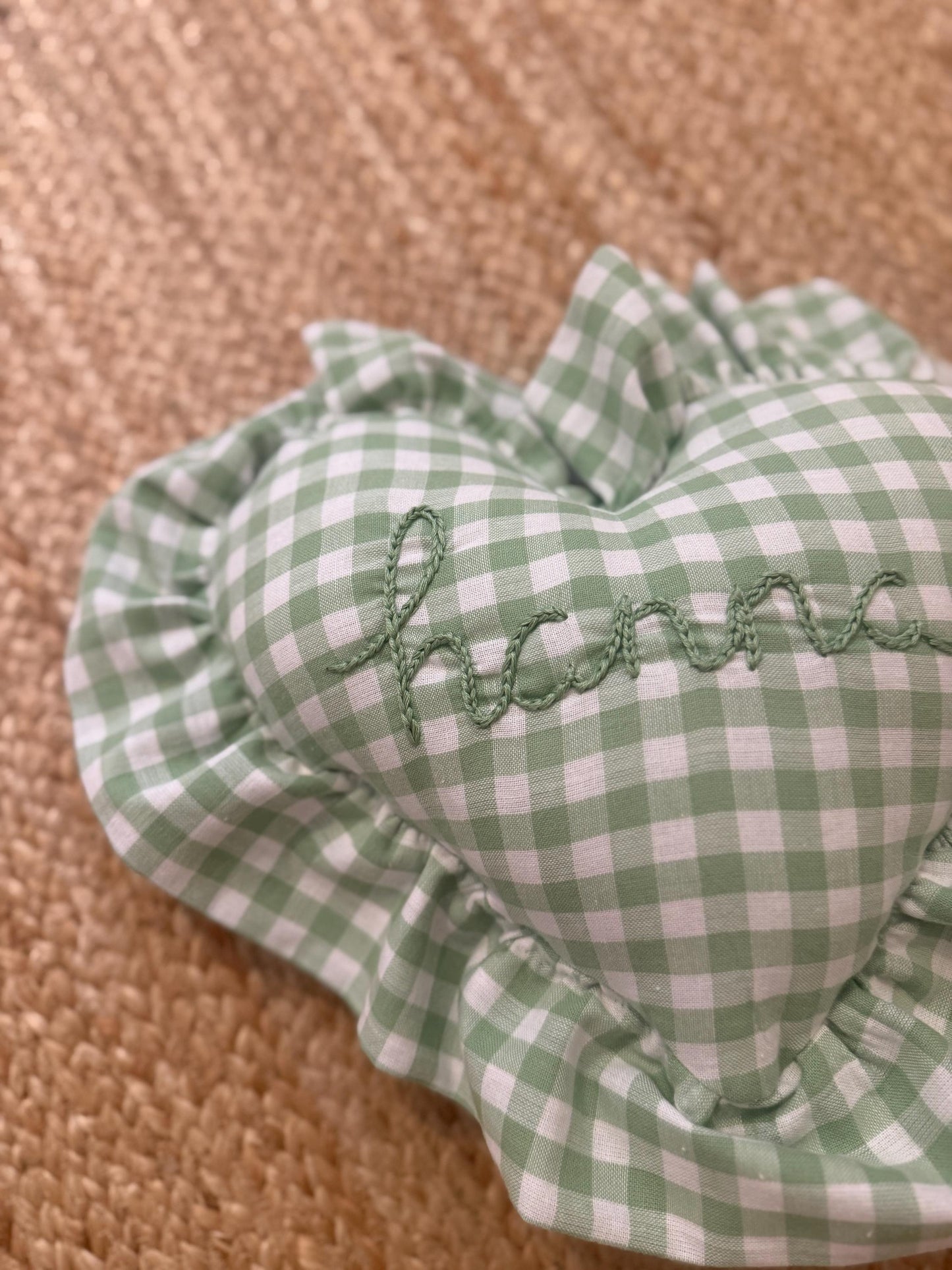 Ruffle Gingham Embroidered Throw Pillow | Personalized Heart Pillow | Baby Gift | Green Gingham Pillow | Nursery Decor | Nursery Pillow