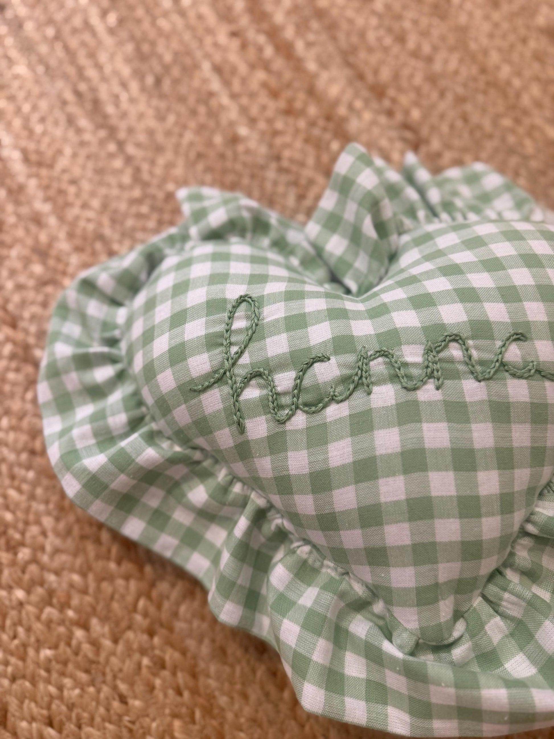 Ruffle Gingham Embroidered Throw Pillow | Personalized Heart Pillow | Baby Gift | Green Gingham Pillow | Nursery Decor | Nursery Pillow