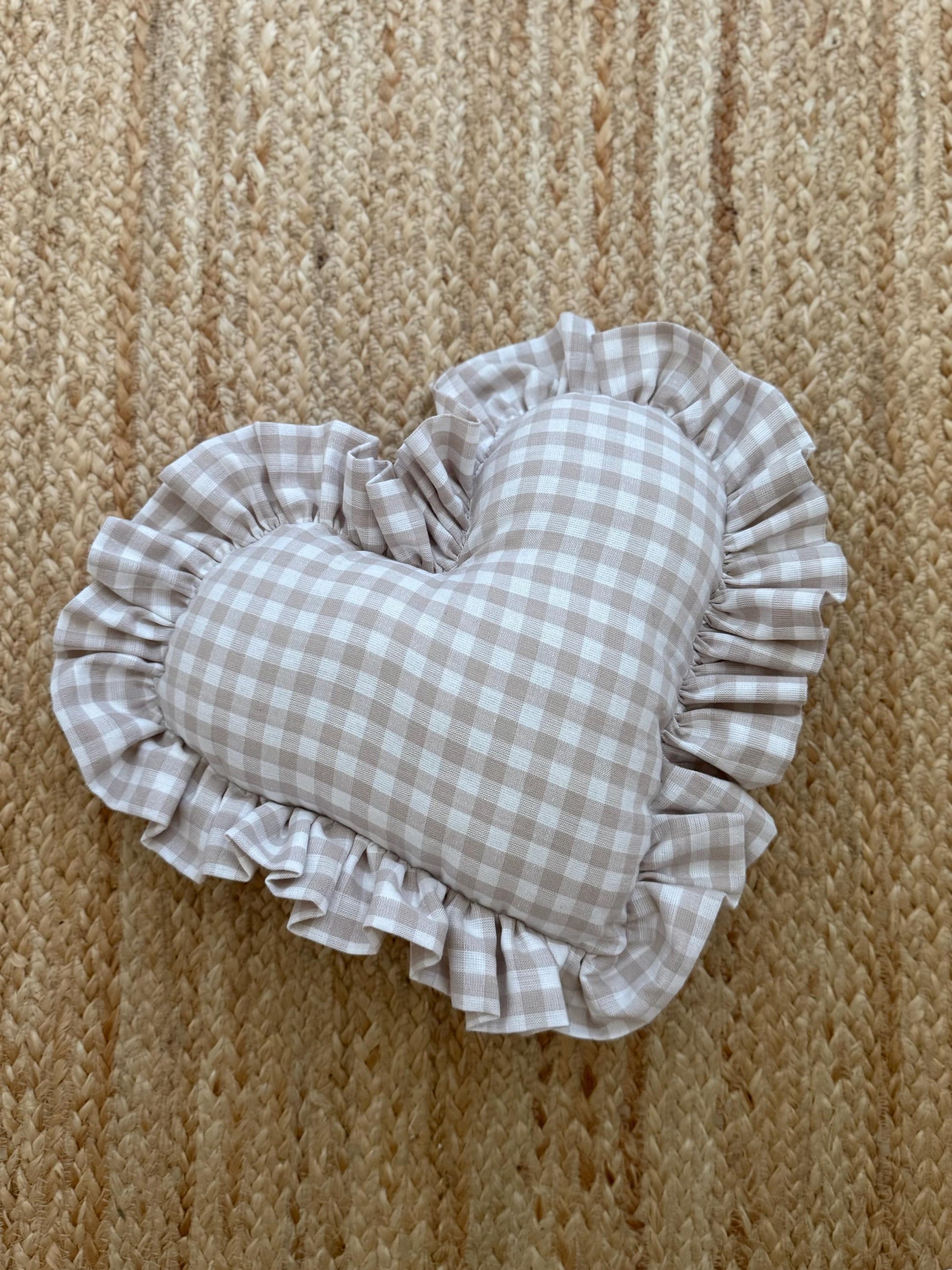 Ruffle Gingham Throw Pillow | Heart Pillow | Throw Pillow | Baby Gift | Neutral Gingham Pillow | Baby Nursery Decor