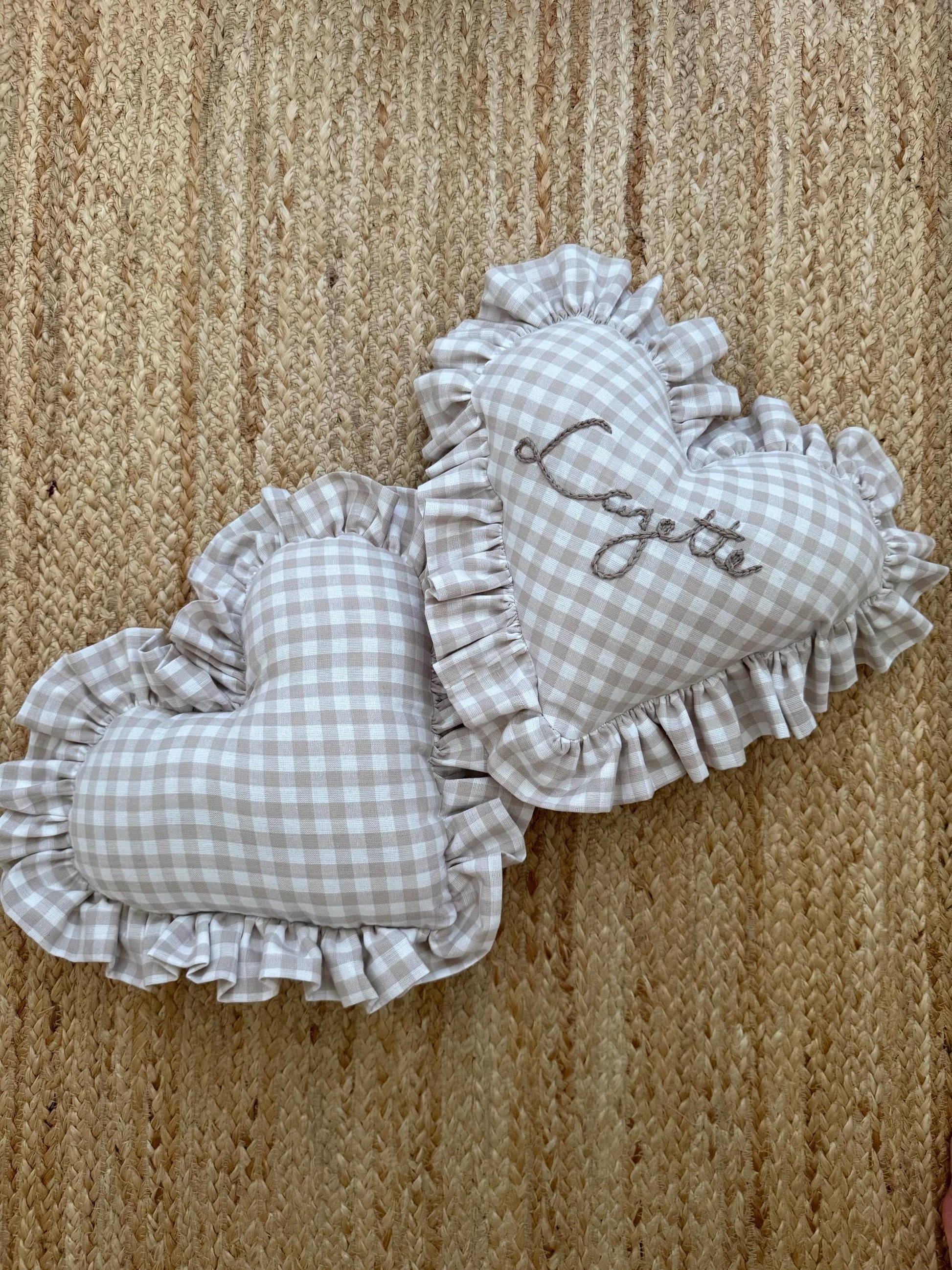 Ruffle Gingham Embroidered Throw Pillow | Personalized Heart Pillow | Throw Pillow | Baby Gift | Neutral Gingham Pillow | Baby Nursery Decor