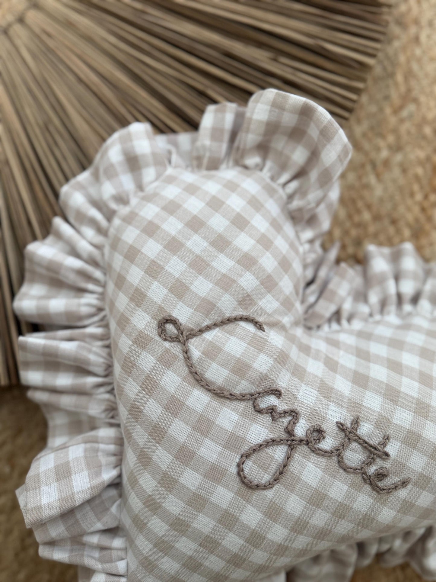 Ruffle Gingham Embroidered Throw Pillow | Personalized Heart Pillow | Throw Pillow | Baby Gift | Neutral Gingham Pillow | Baby Nursery Decor
