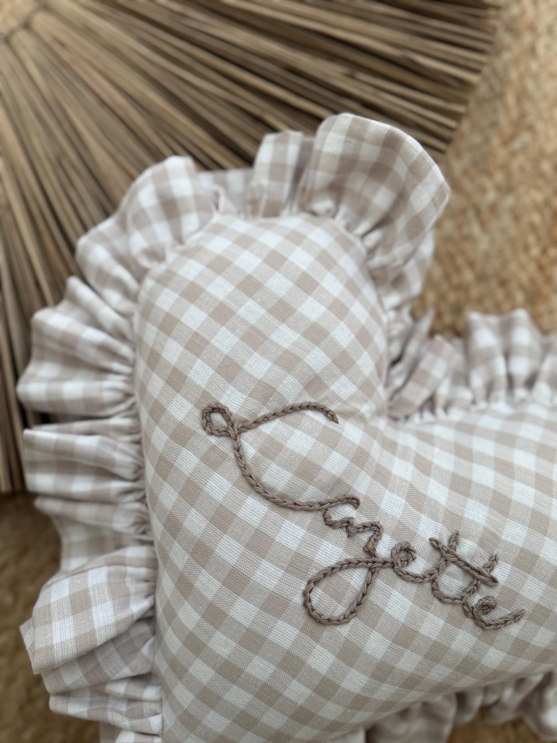 Ruffle Gingham Embroidered Throw Pillow | Personalized Heart Pillow | Throw Pillow | Baby Gift | Neutral Gingham Pillow | Baby Nursery Decor