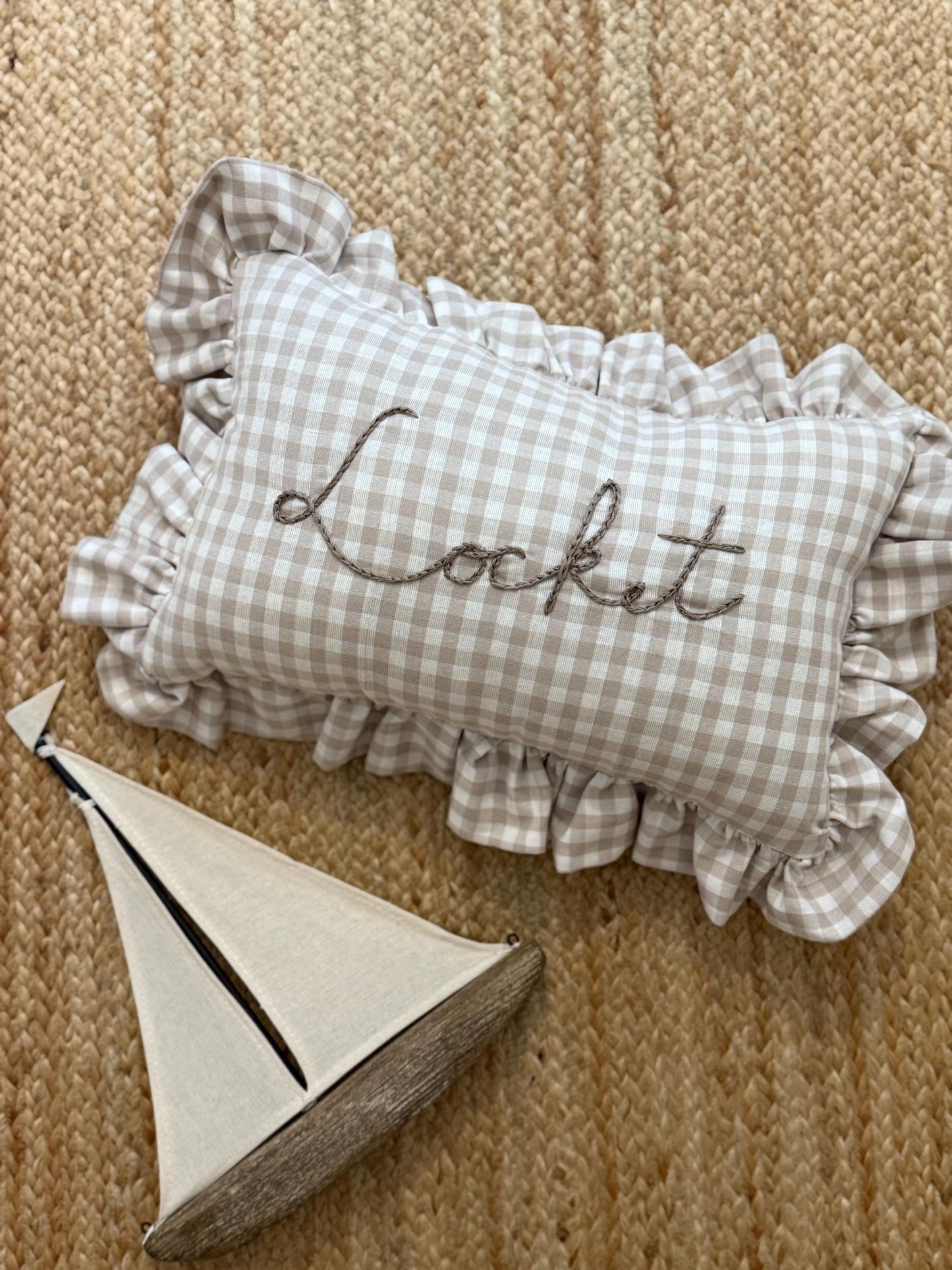 Ruffle Gingham Embroidered Throw Pillow | Personalized Pillow | Throw Pillow | Baby Gift | Neutral Gingham Pillow | Baby Nursery Decor