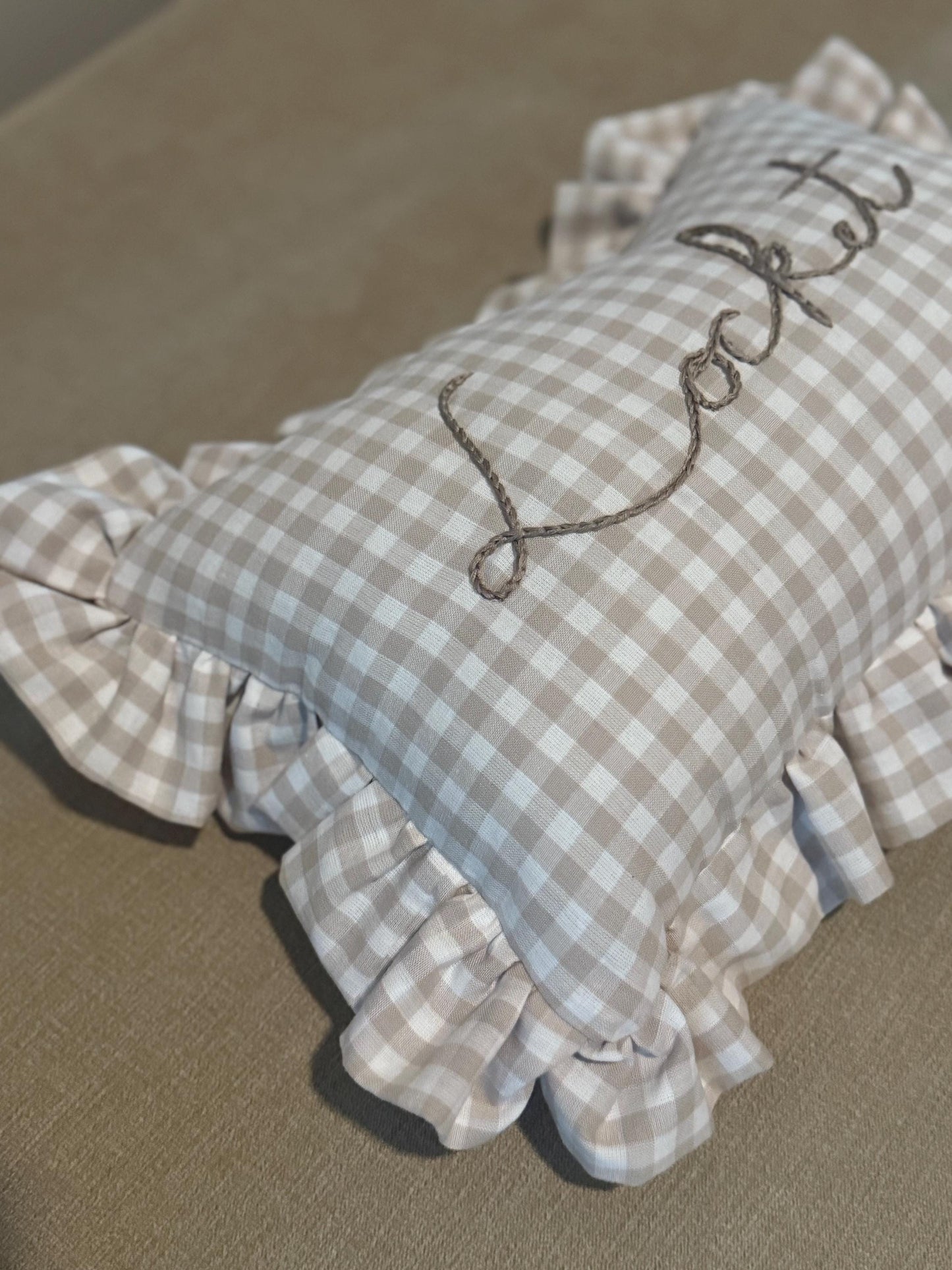 Ruffle Gingham Embroidered Throw Pillow | Personalized Pillow | Throw Pillow | Baby Gift | Neutral Gingham Pillow | Baby Nursery Decor