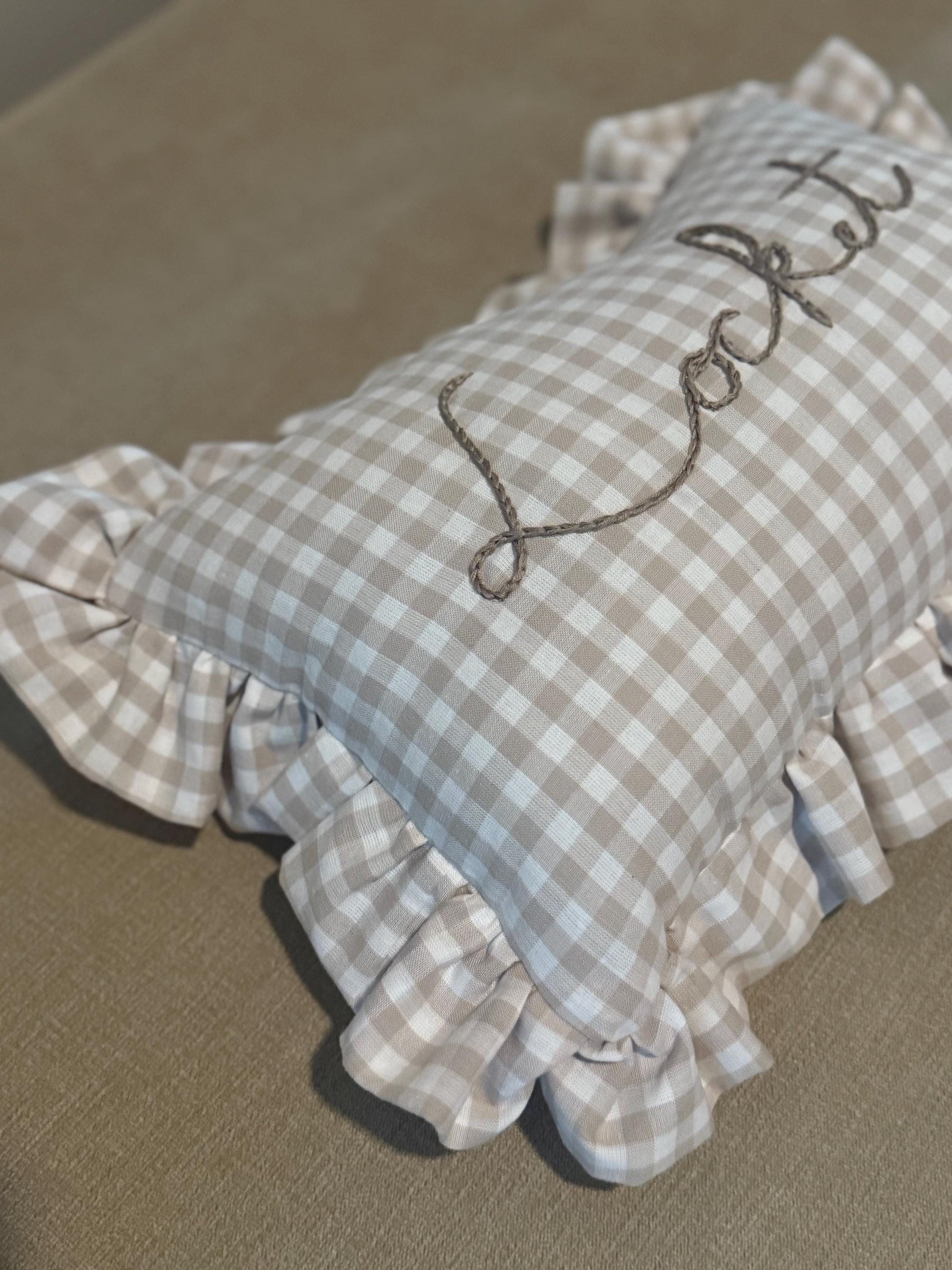 Ruffle Gingham Embroidered Throw Pillow | Personalized Pillow | Throw Pillow | Baby Gift | Neutral Gingham Pillow | Baby Nursery Decor