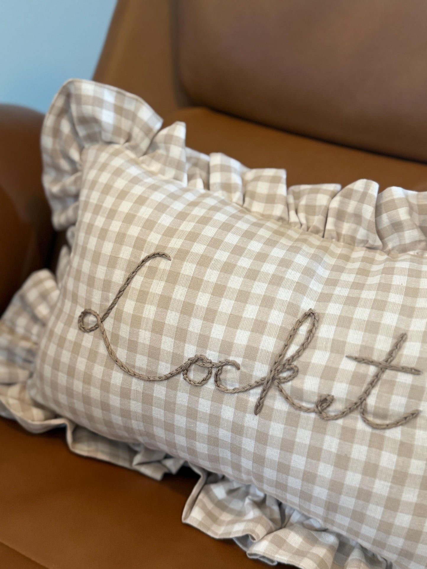 Ruffle Gingham Embroidered Throw Pillow | Personalized Pillow | Throw Pillow | Baby Gift | Neutral Gingham Pillow | Baby Nursery Decor