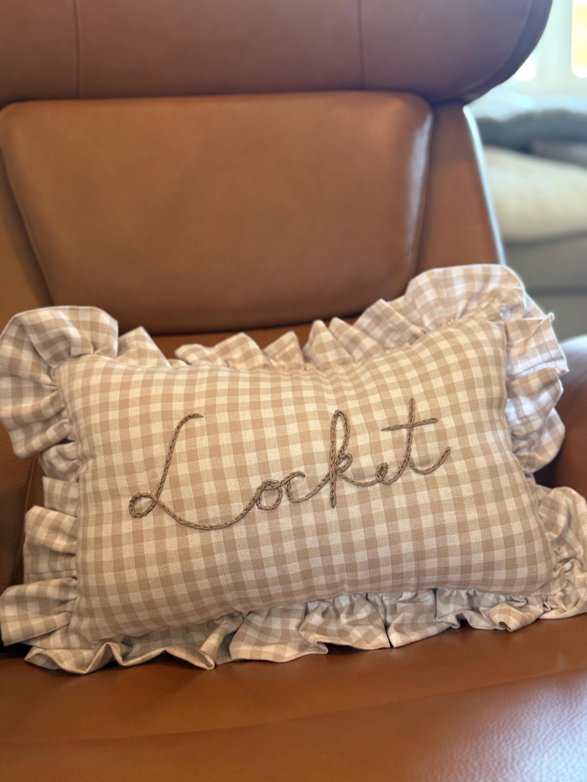 Ruffle Gingham Embroidered Throw Pillow | Personalized Pillow | Throw Pillow | Baby Gift | Neutral Gingham Pillow | Baby Nursery Decor