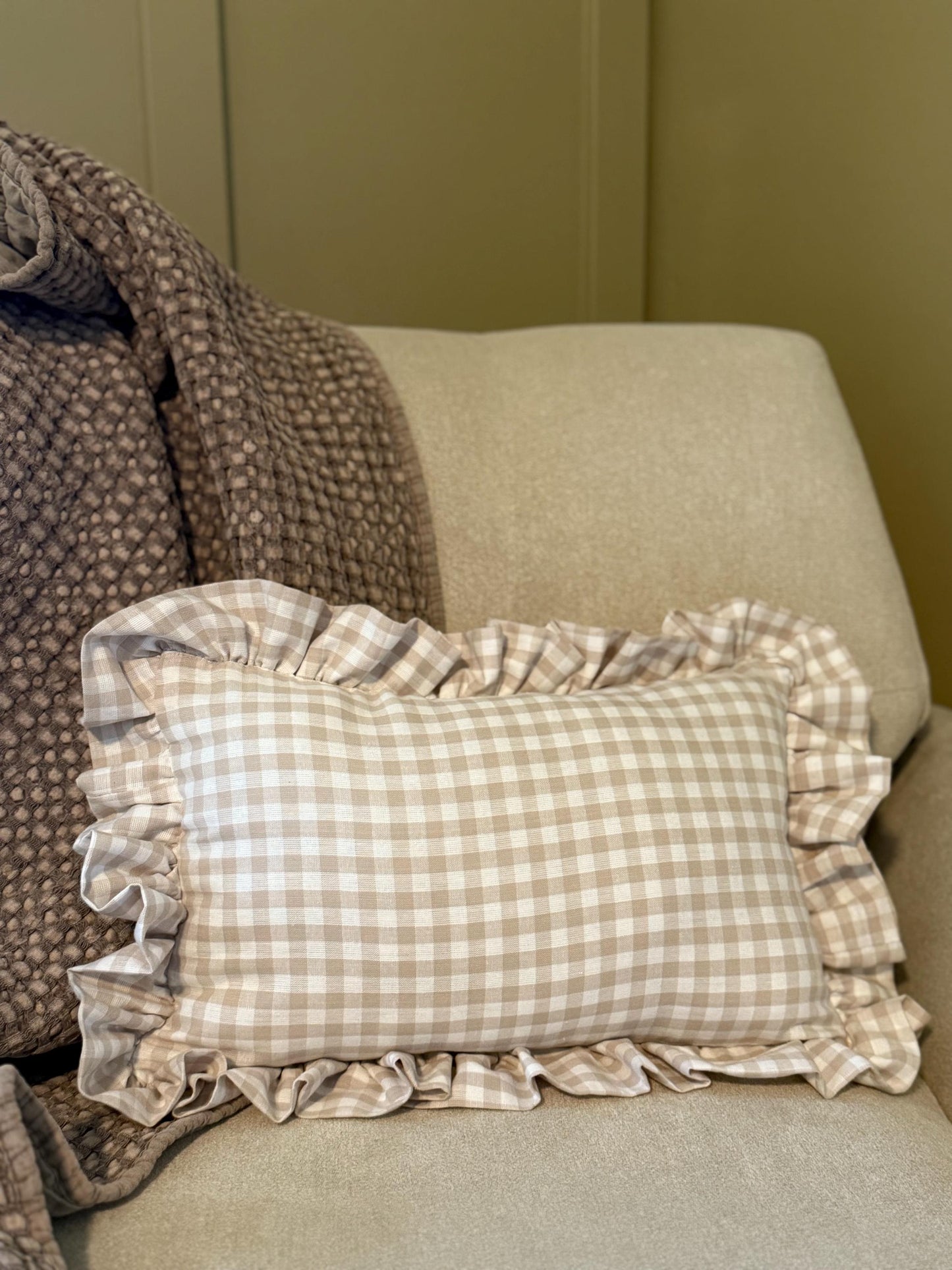 Ruffle Gingham Embroidered Throw Pillow | Personalized Pillow | Throw Pillow | Baby Gift | Neutral Gingham Pillow | Baby Nursery Decor