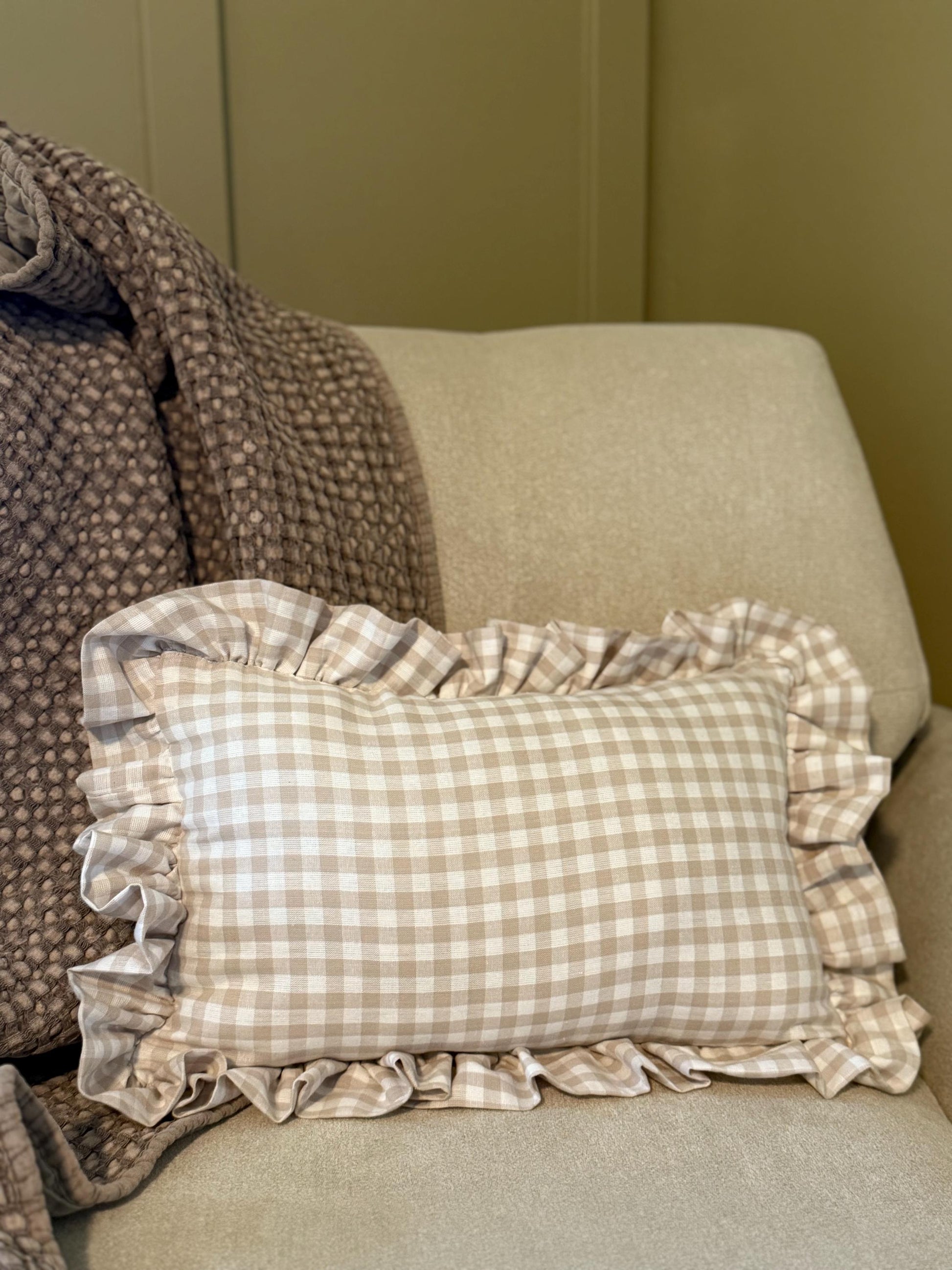 Ruffle Gingham Embroidered Throw Pillow | Personalized Pillow | Throw Pillow | Baby Gift | Neutral Gingham Pillow | Baby Nursery Decor