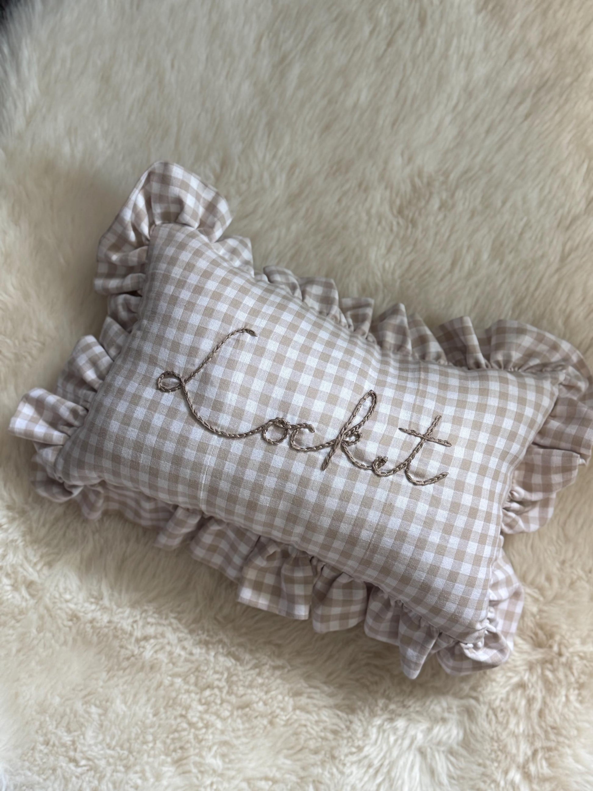 Ruffle Gingham Embroidered Throw Pillow | Personalized Pillow | Throw Pillow | Baby Gift | Neutral Gingham Pillow | Baby Nursery Decor
