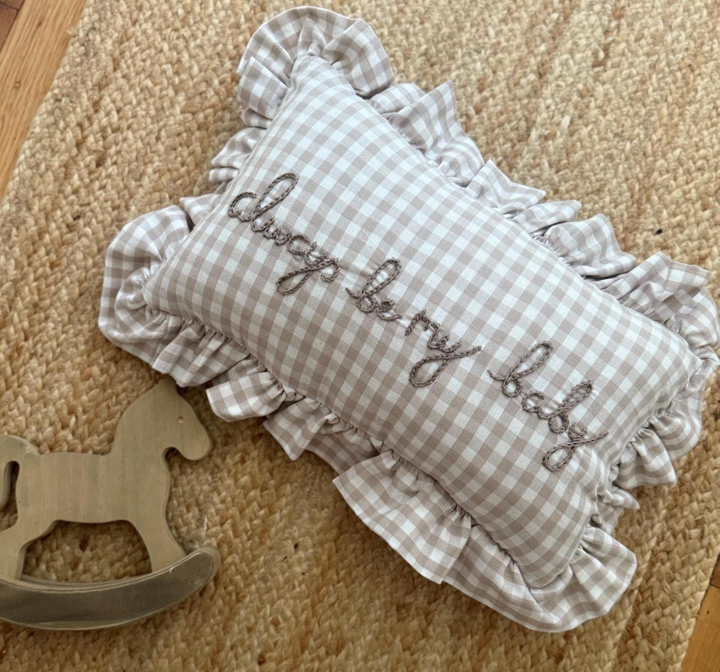 Ruffle Gingham Embroidered Throw Pillow | Personalized Pillow | Throw Pillow | Baby Gift | Neutral Gingham Pillow | Baby Nursery Decor