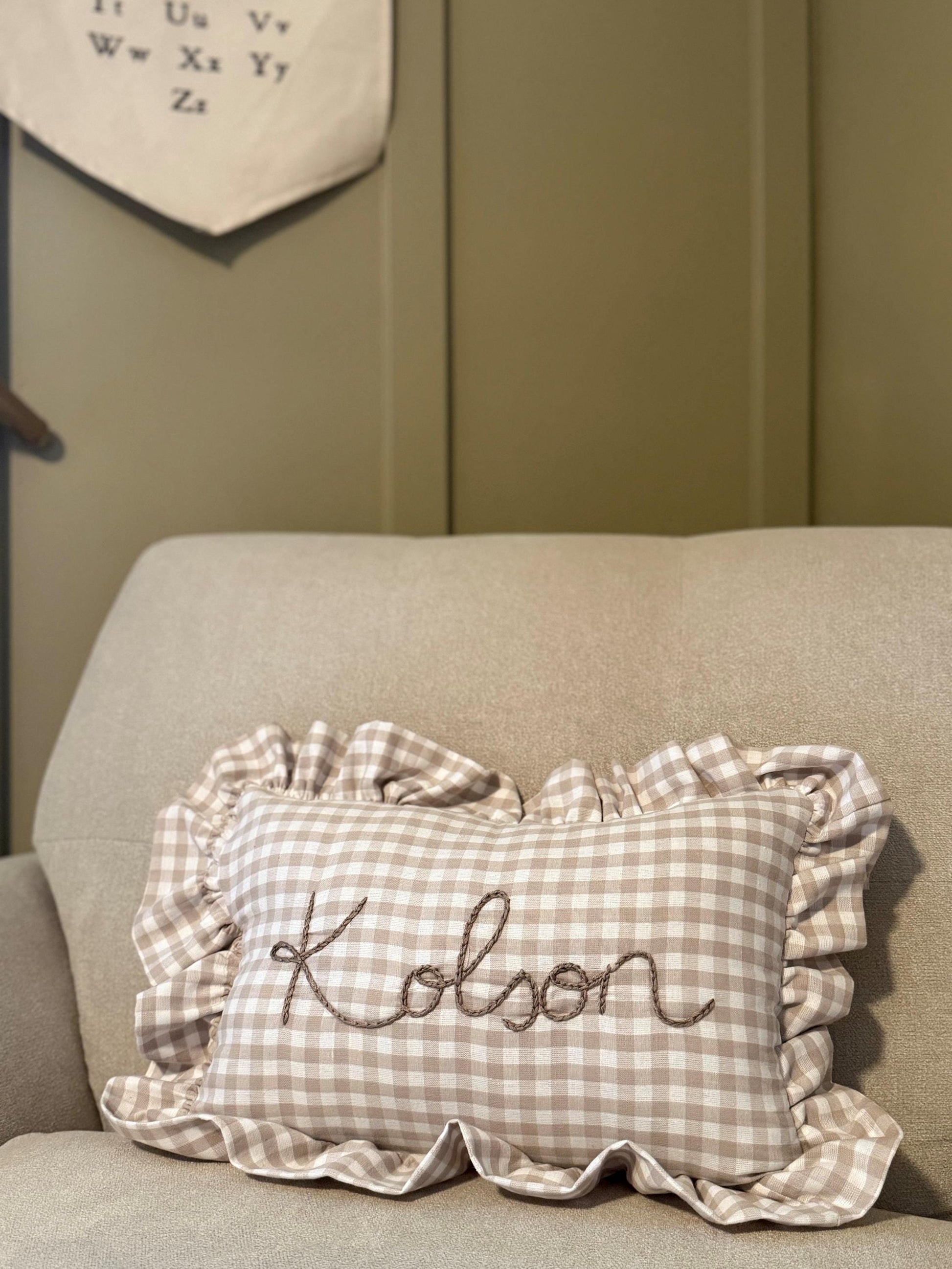 Ruffle Gingham Embroidered Throw Pillow | Personalized Pillow | Throw Pillow | Baby Gift | Neutral Gingham Pillow | Baby Nursery Decor