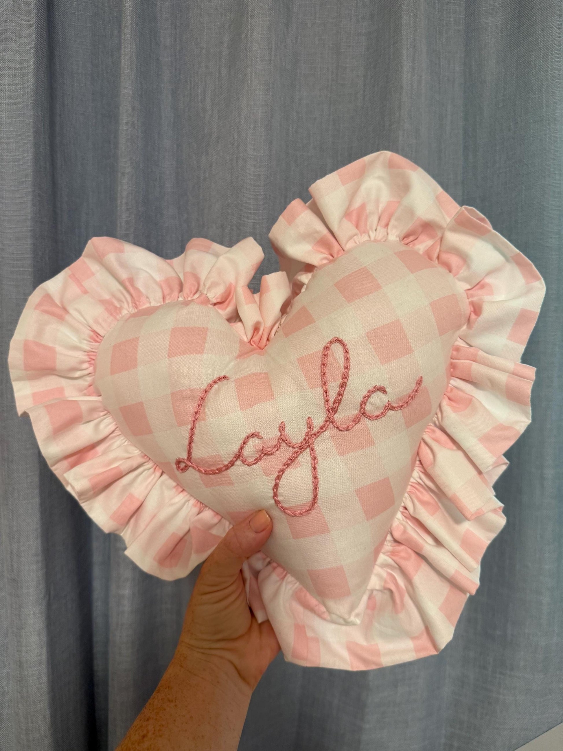 Pink Gingham Heart Pillow | Personalized Embroidered Throw Pillow | Heart Throw Pillow | Gingham Name Heart Pillow | Girl Throw Pillow