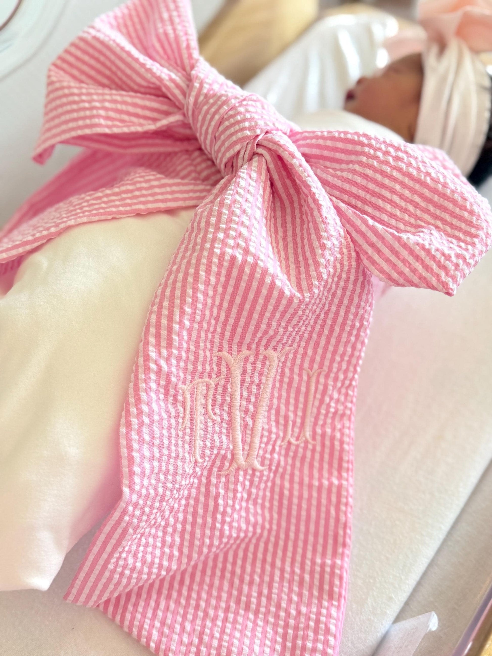 Monogrammed Newborn Bow Sash | Birth Announcement | Seersucker Bow Sash | Baby Photo Prop | Baby Announcement Picture Prop | Preppy Baby Bow