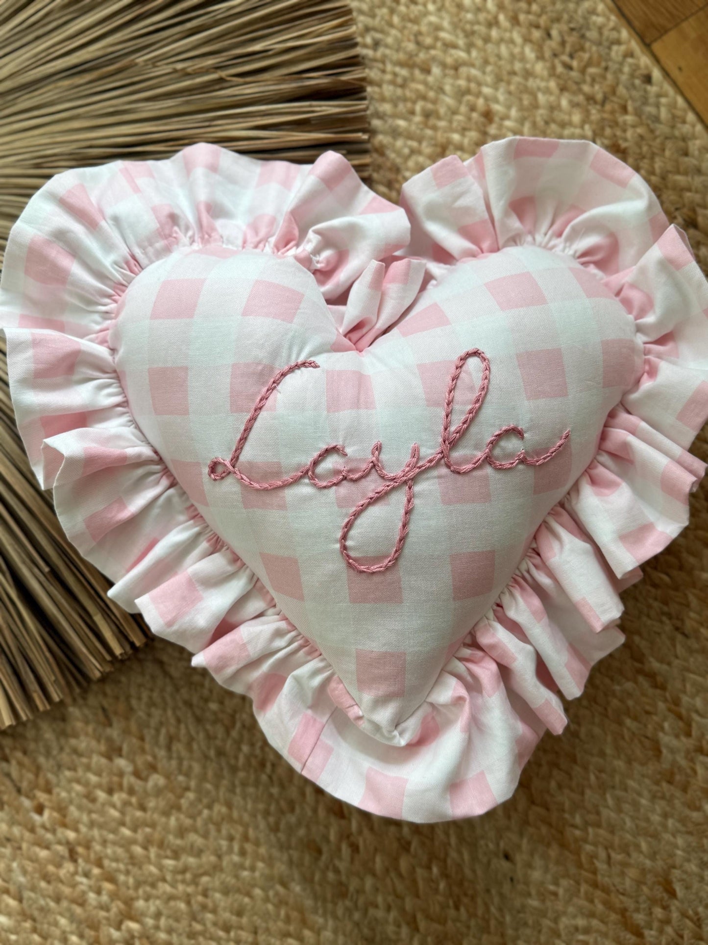 Pink Gingham Heart Pillow | Personalized Embroidered Throw Pillow | Heart Throw Pillow | Gingham Name Heart Pillow | Girl Throw Pillow