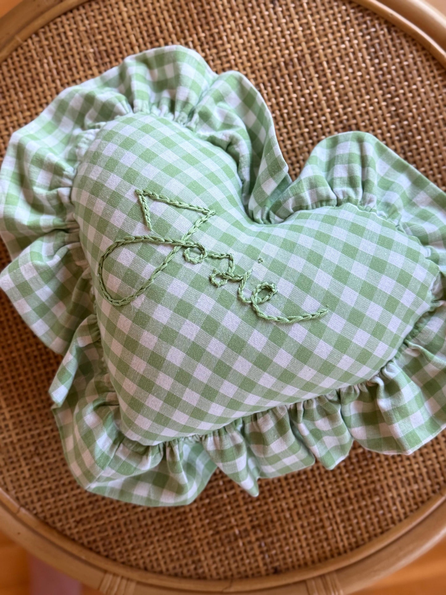 Ruffle Gingham Embroidered Throw Pillow | Personalized Heart Pillow | Baby Gift | Green Gingham Pillow | Nursery Decor | Nursery Pillow