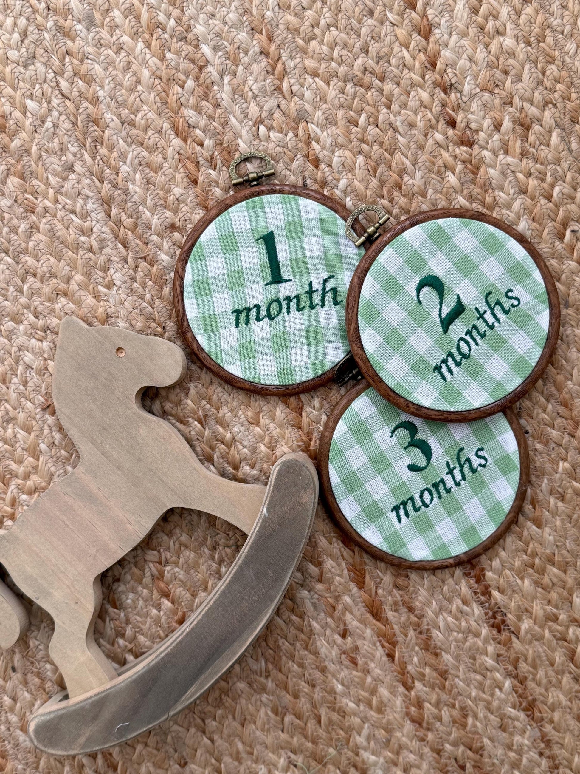 Green Gingham First Year Milestone Hoops | Embroidered Baby Milestone | Photo Props | Baby Boy Gift