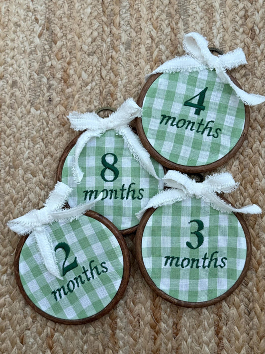 Green Gingham First Year Milestone Hoops | Embroidered Baby Milestone | Photo Props | Baby Girl Gift