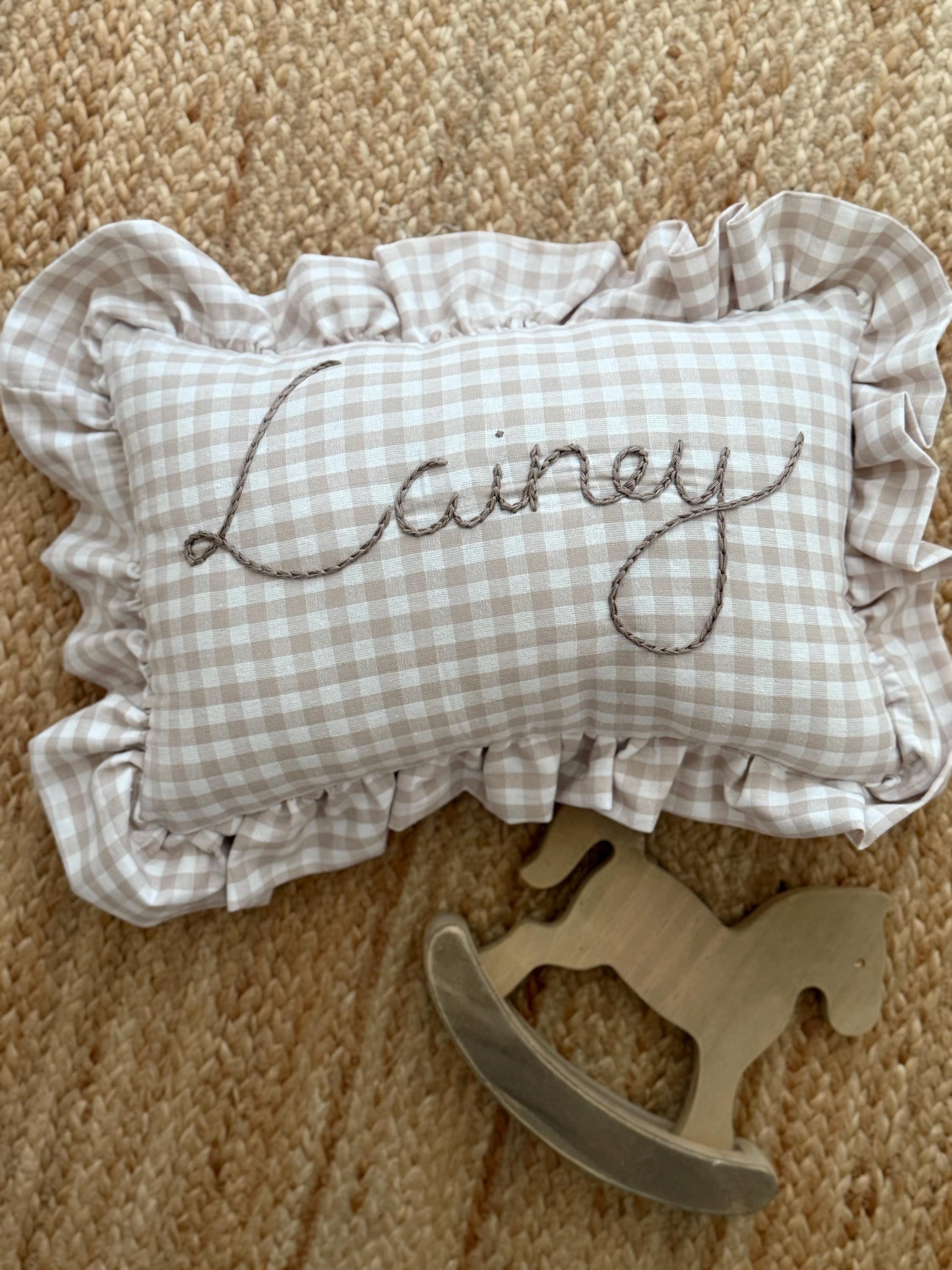 Ruffle Gingham Embroidered Throw Pillow | Personalized Pillow | Throw Pillow | Baby Gift | Neutral Gingham Pillow | Baby Nursery Decor