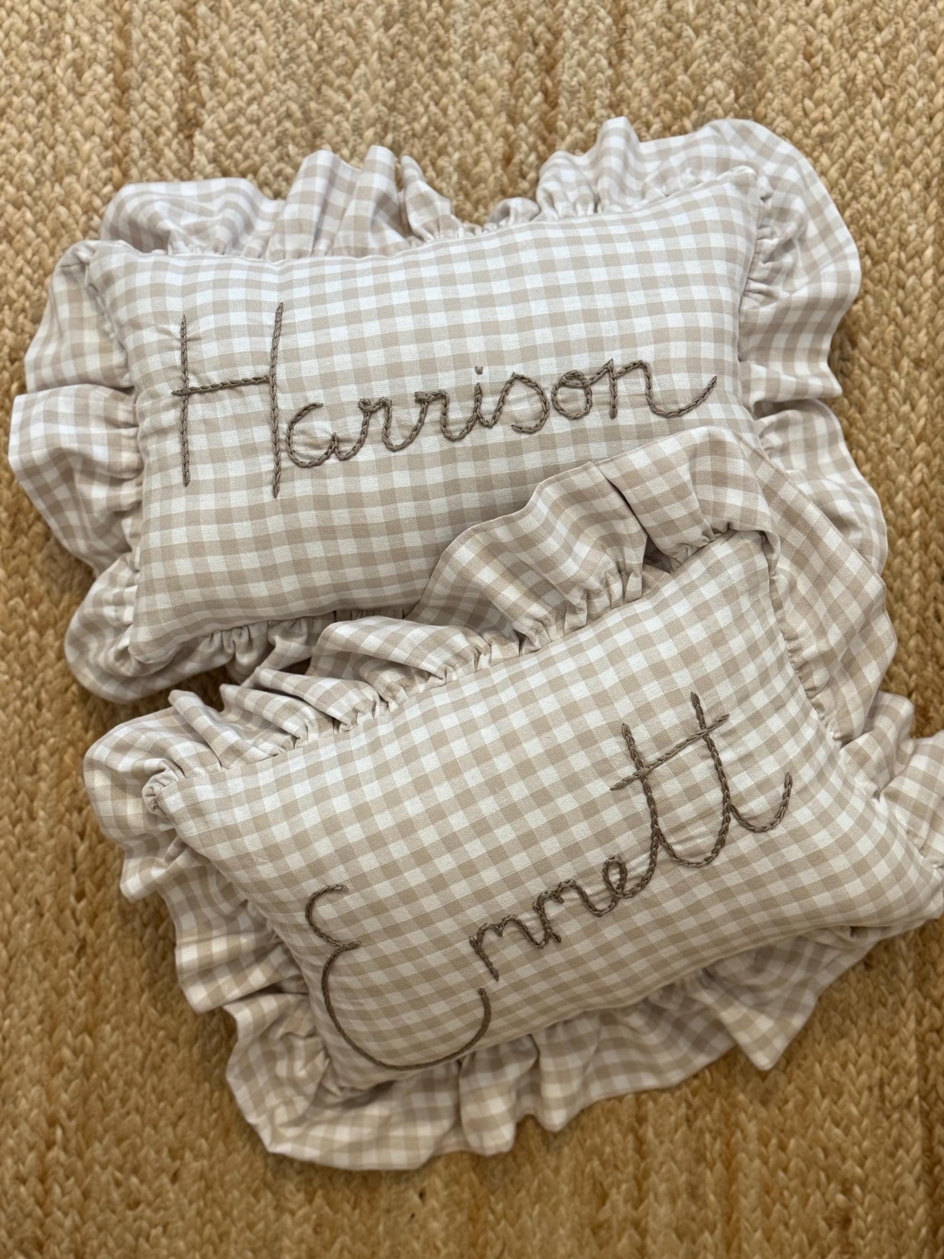 Ruffle Gingham Embroidered Throw Pillow | Personalized Pillow | Throw Pillow | Baby Gift | Neutral Gingham Pillow | Baby Nursery Decor