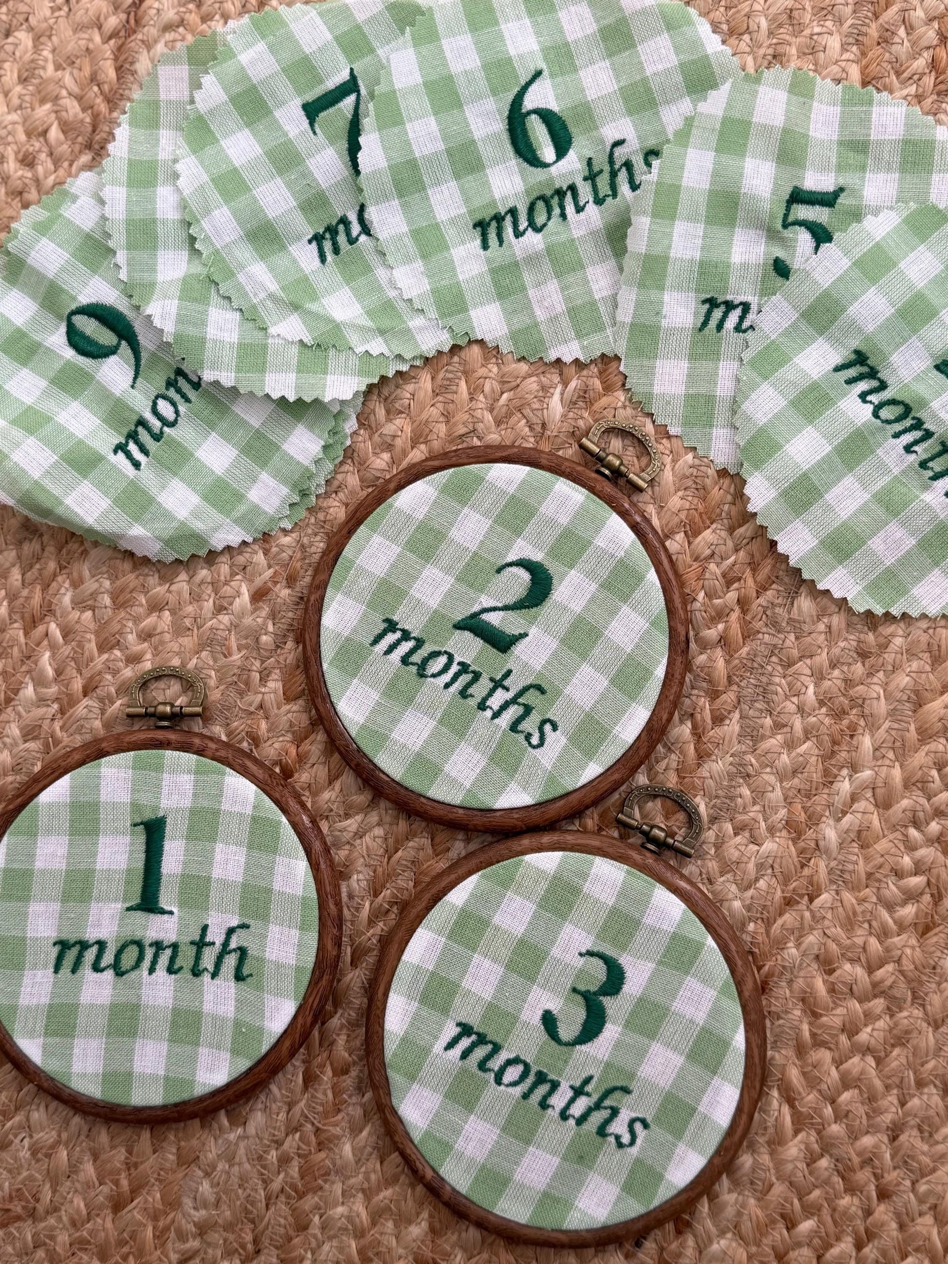 Green Gingham First Year Milestone Hoops | Embroidered Baby Milestone | Photo Props | Baby Boy Gift