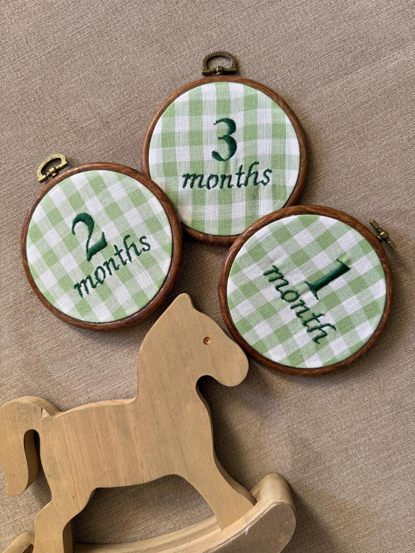 Green Gingham First Year Milestone Hoops | Embroidered Baby Milestone | Photo Props | Baby Boy Gift