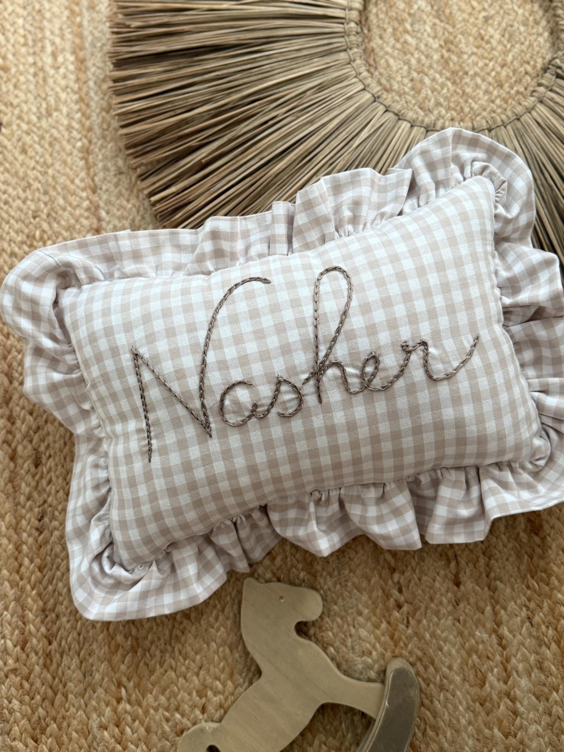 Ruffle Gingham Embroidered Throw Pillow | Personalized Pillow | Throw Pillow | Baby Gift | Neutral Gingham Pillow | Baby Nursery Decor