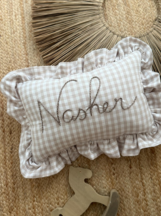 Ruffle Gingham Embroidered Throw Pillow | Personalized Pillow | Throw Pillow | Baby Gift | Neutral Gingham Pillow | Baby Nursery Decor