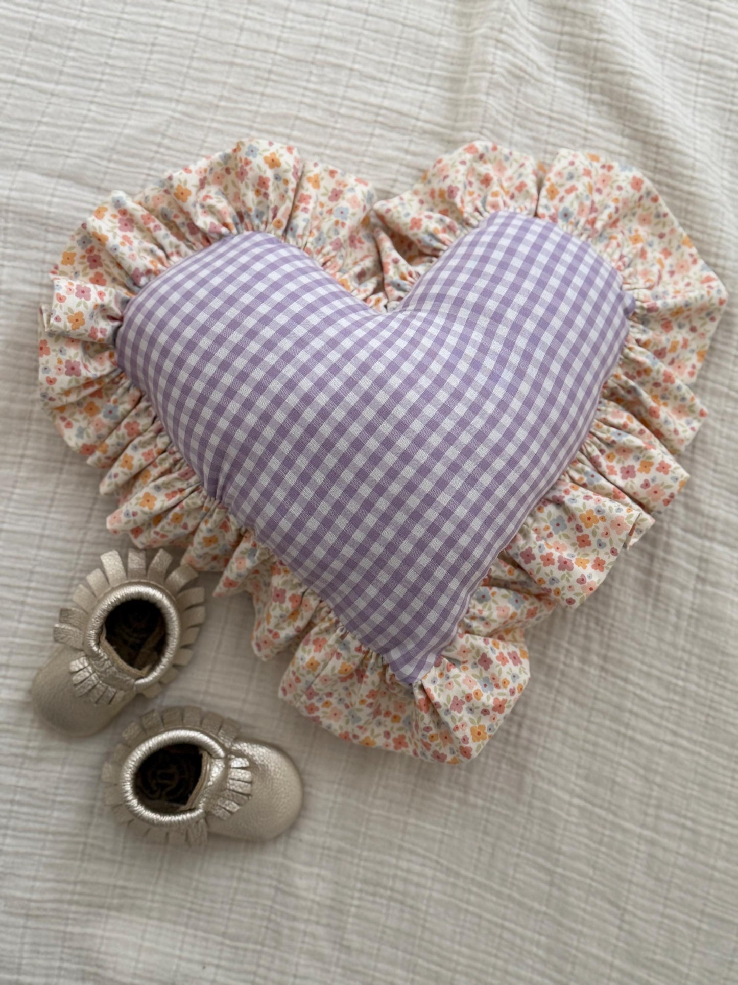 Purple Gingham Heart Pillow | Floral Ruffle Nursery Decor