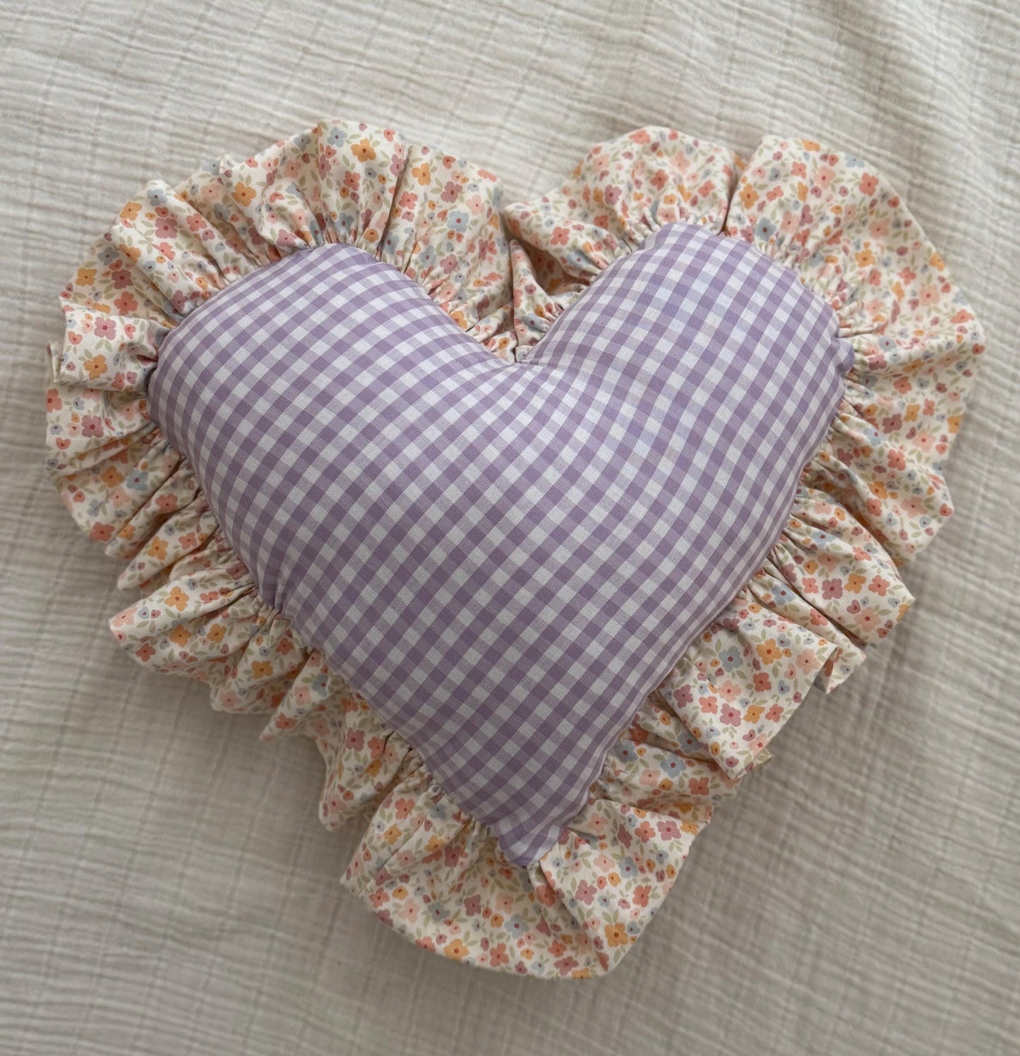 Purple Gingham Heart Pillow | Floral Ruffle Nursery Decor