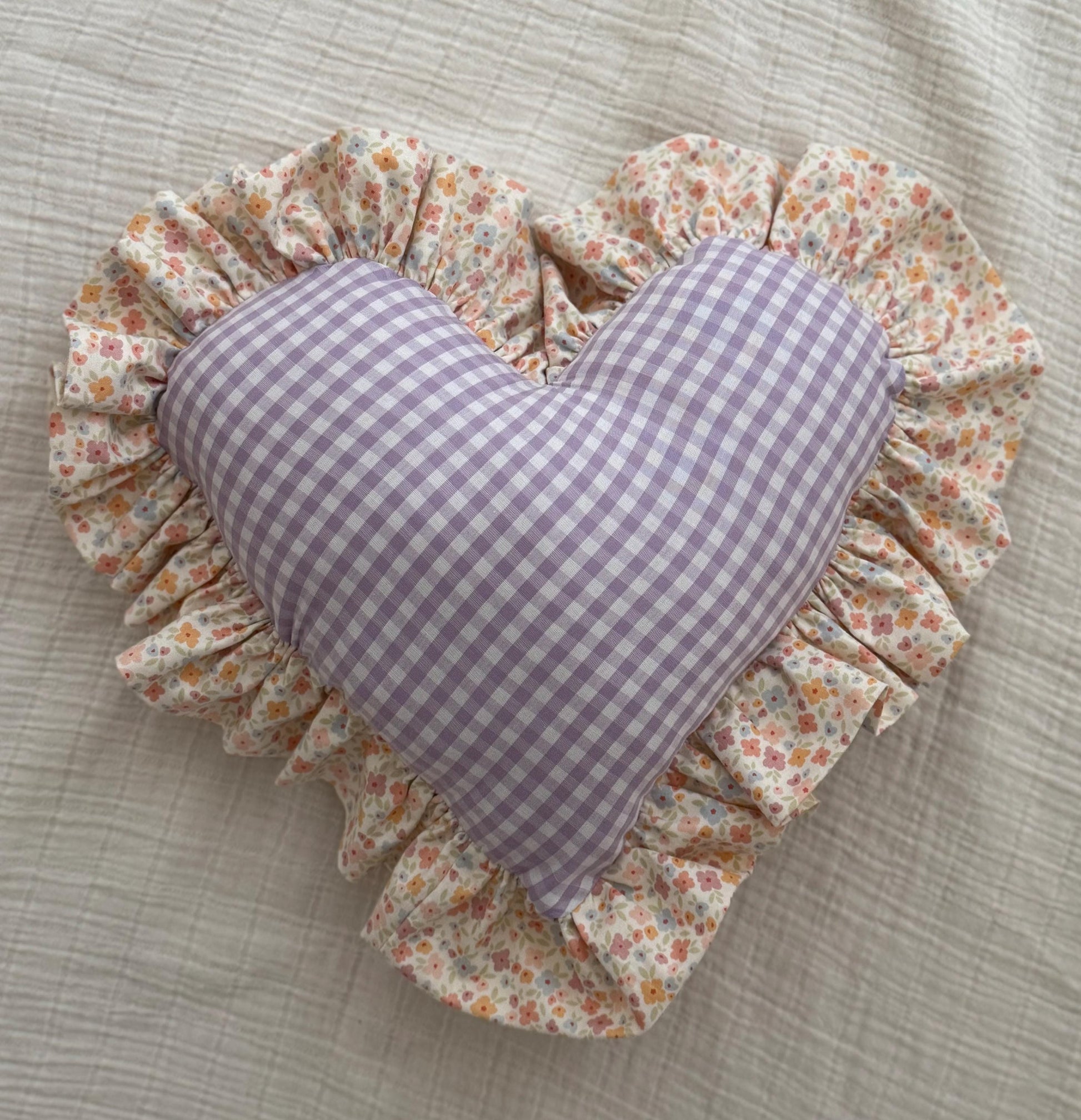 Purple Gingham Heart Pillow | Floral Ruffle Nursery Decor